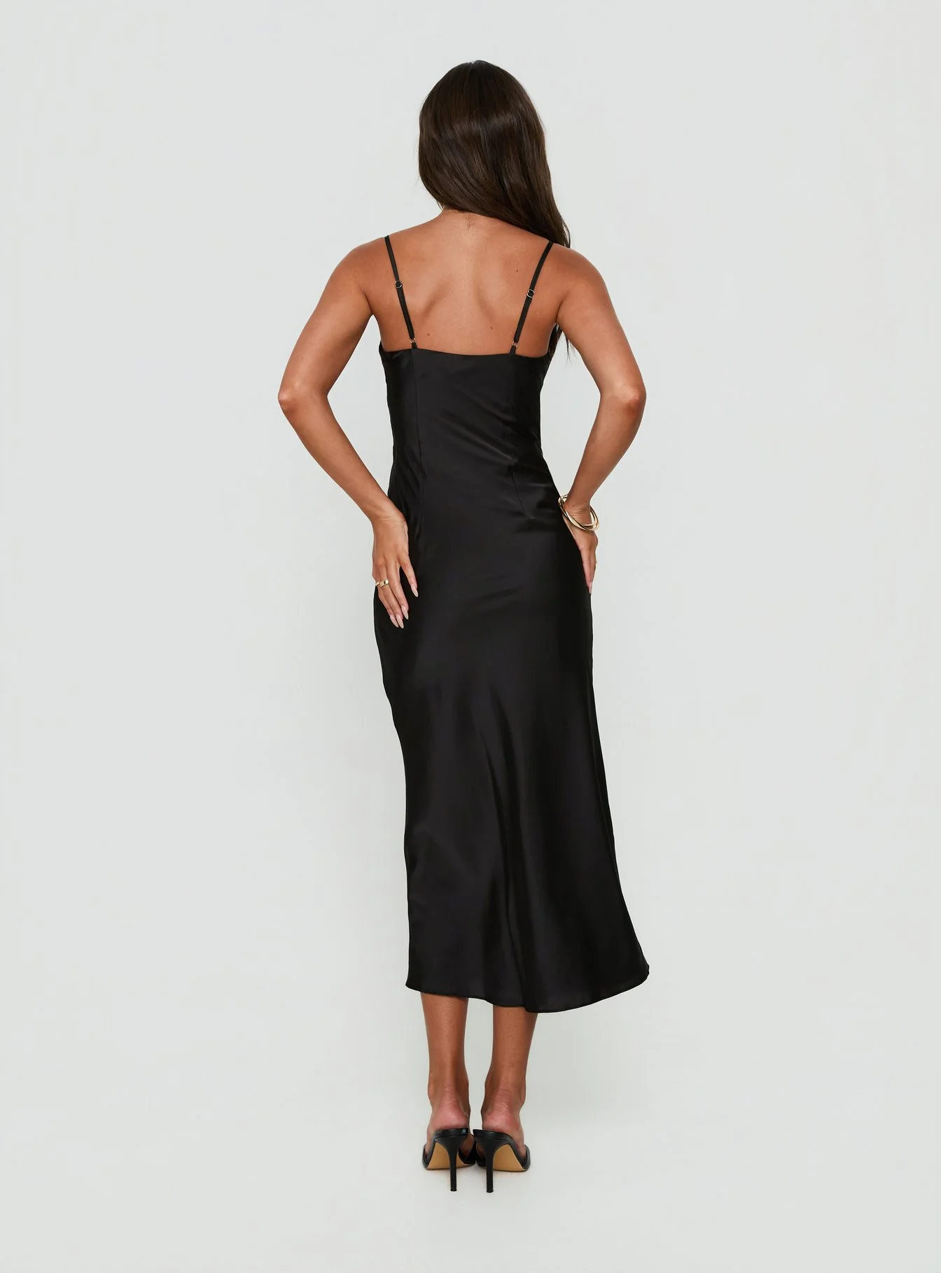 Declanna Satin Lace Trim Slip Midi Dress Black