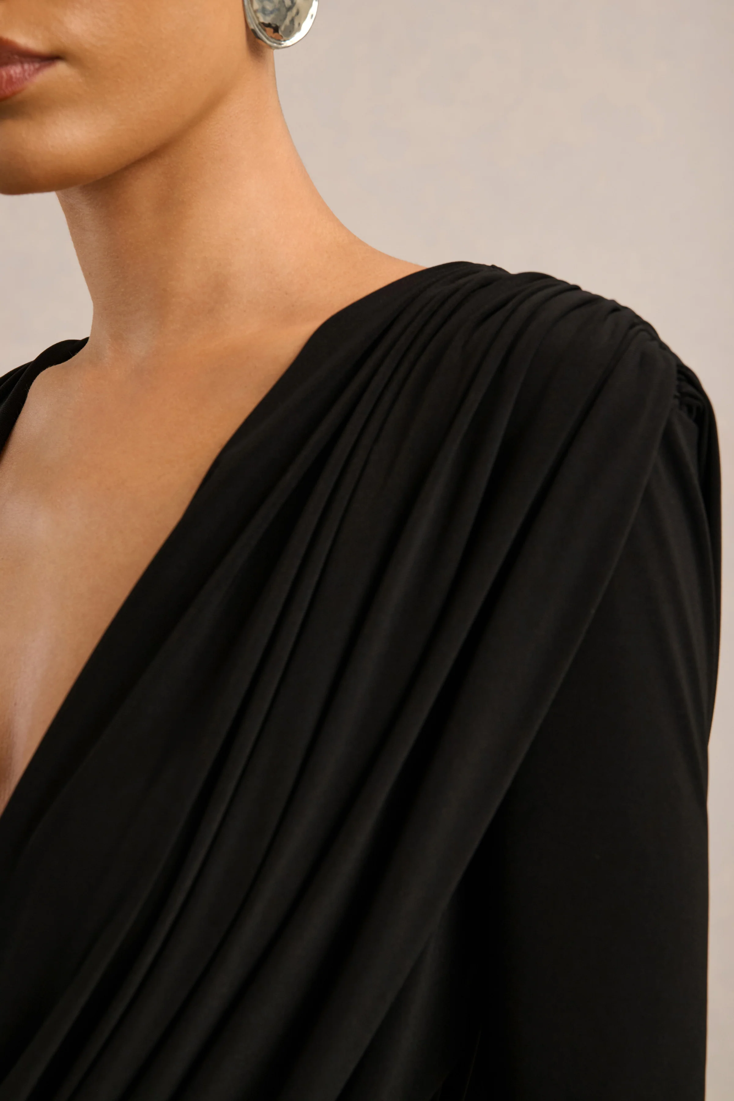 Azmina | Black Jersey Ruched V Neck Long Sleeve Maxi Dress With Draped Detailing And Low Back
