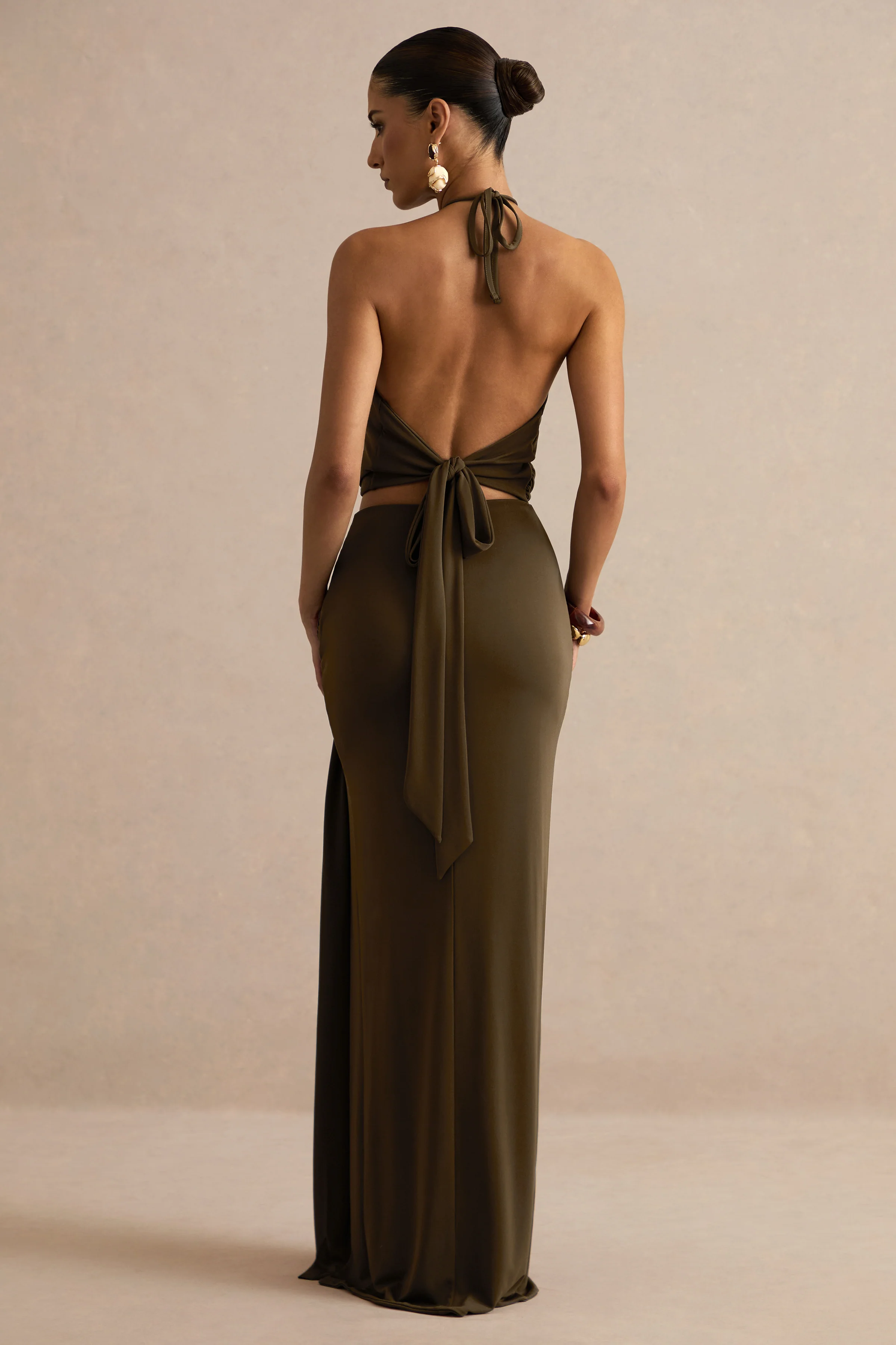 Liviana | Khaki Maxi Skirt With Gathered Detailing And Gold Detail