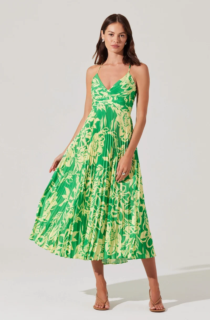 Blythe Floral Plisse Midi Dress-Green lime floral