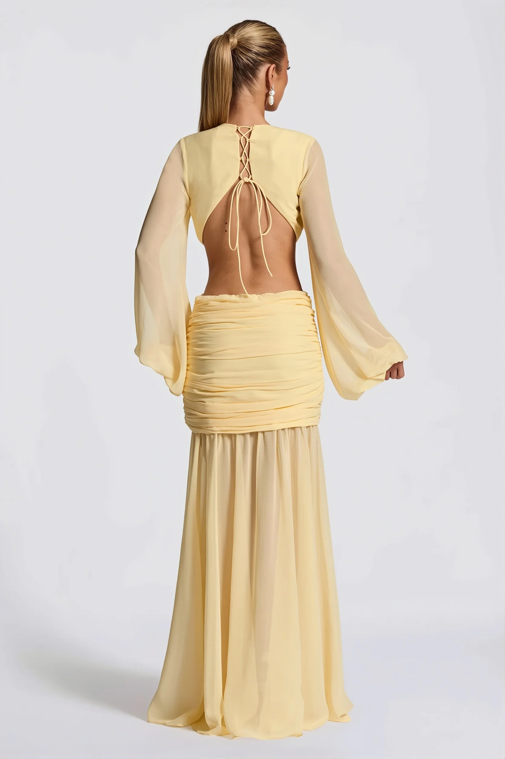 Chiffon Sheer Long Sleeve Cutout Maxi Dress