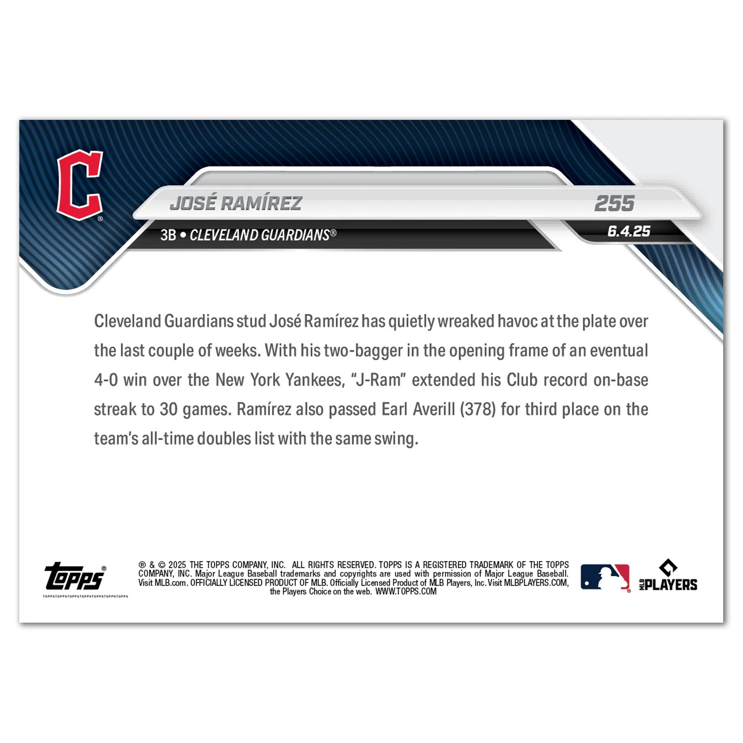 José Ramírez - 2025 MLB Topps NOW® - Card 255