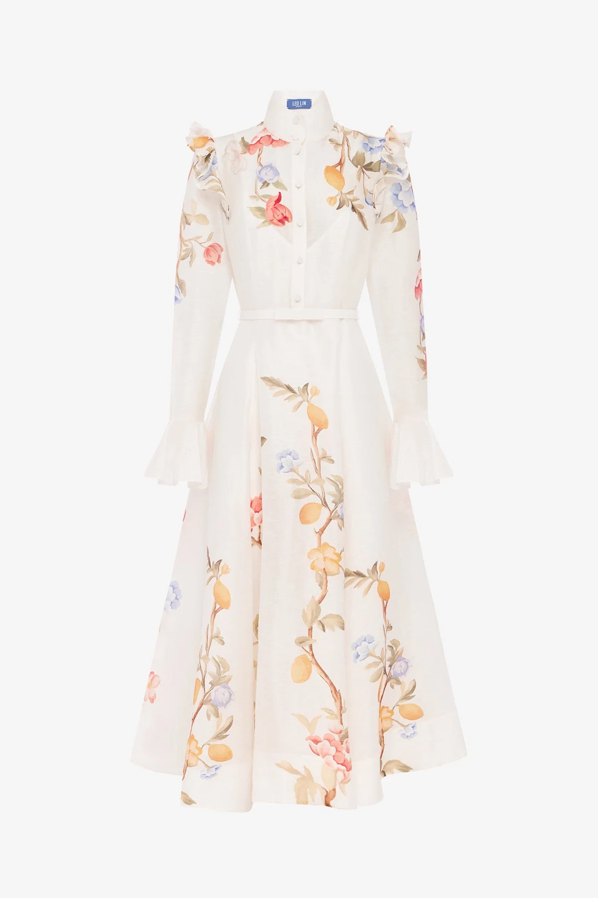 Selina Butterfly Sleeve Midi Dress - Lemon Vine Print in Snow