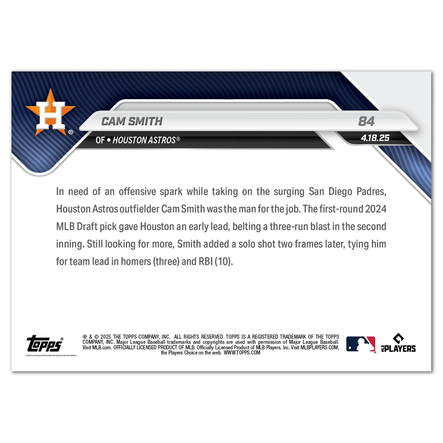 Cam Smith - 2025 MLB Topps NOW® - Card 84
