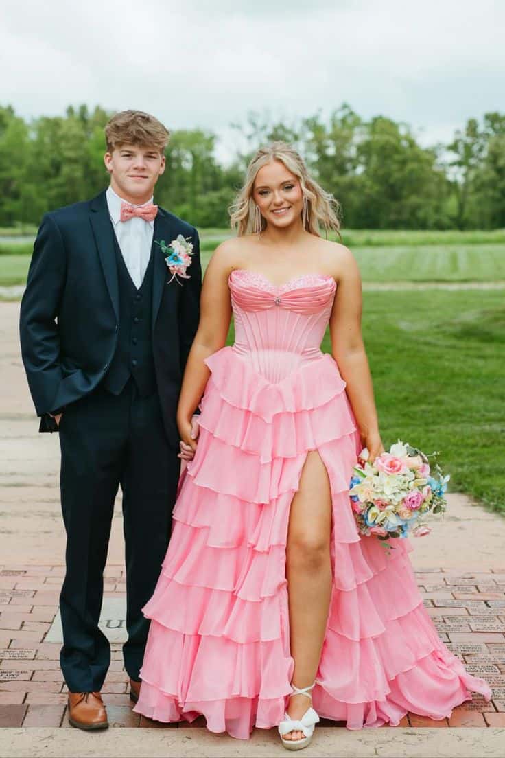 Ruched Pink Chiffon Ruffle A-line Prom Dress