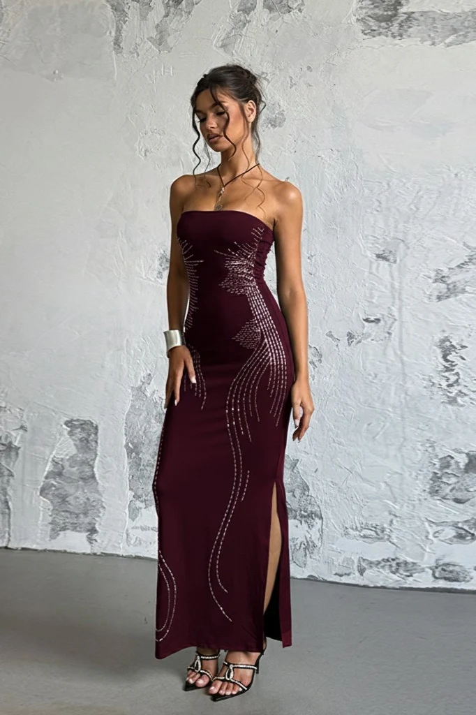Rhinestone Strapless Off Shoulder Maxi Dress