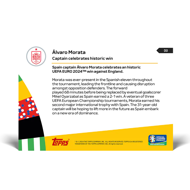 Álvaro Morata - Captain celebrates historic win - EURO 2024 TOPPS NOW® Card 61