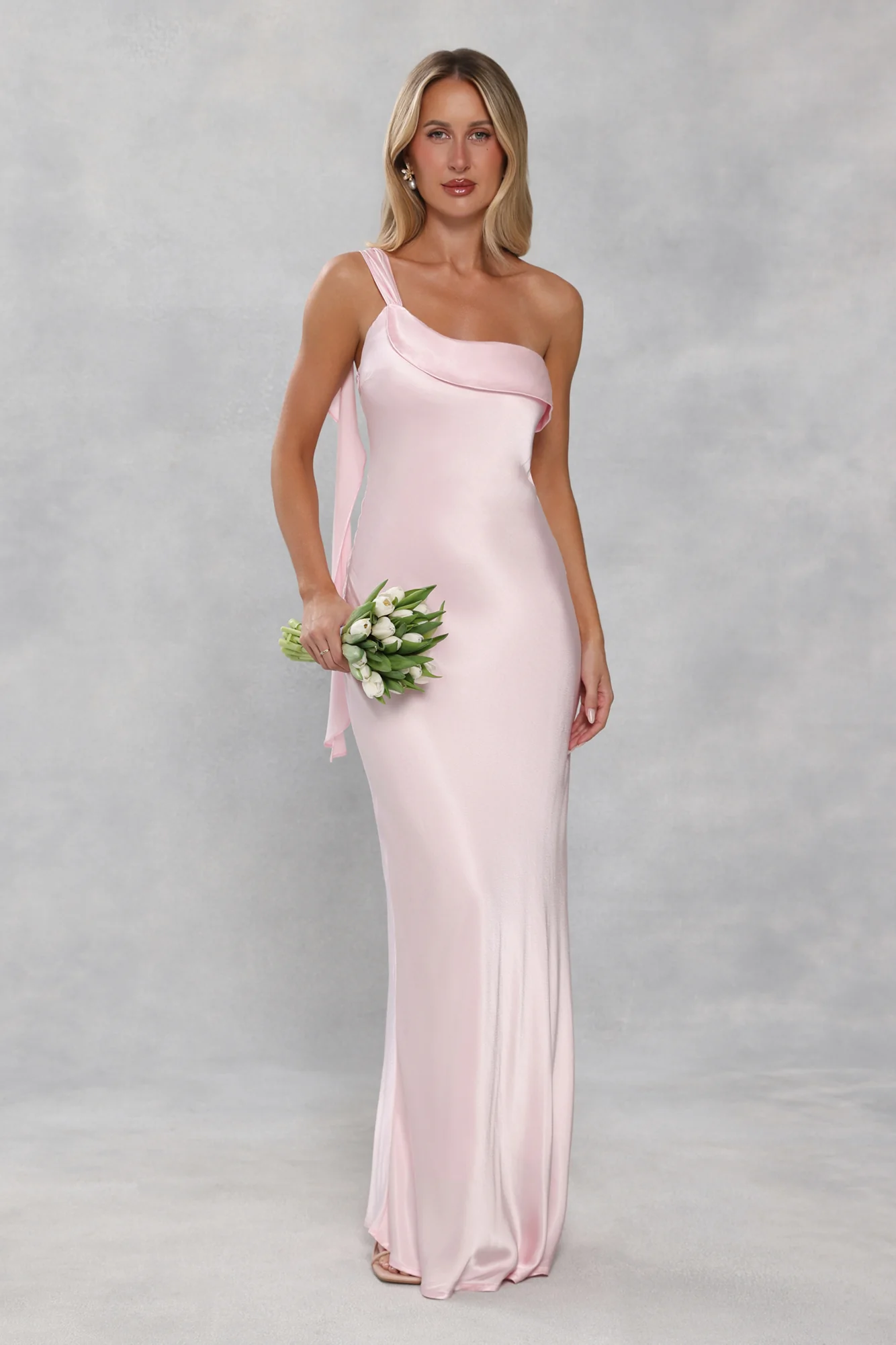 The Zafira One Shoulder Satin Maxi Dress Light Pink