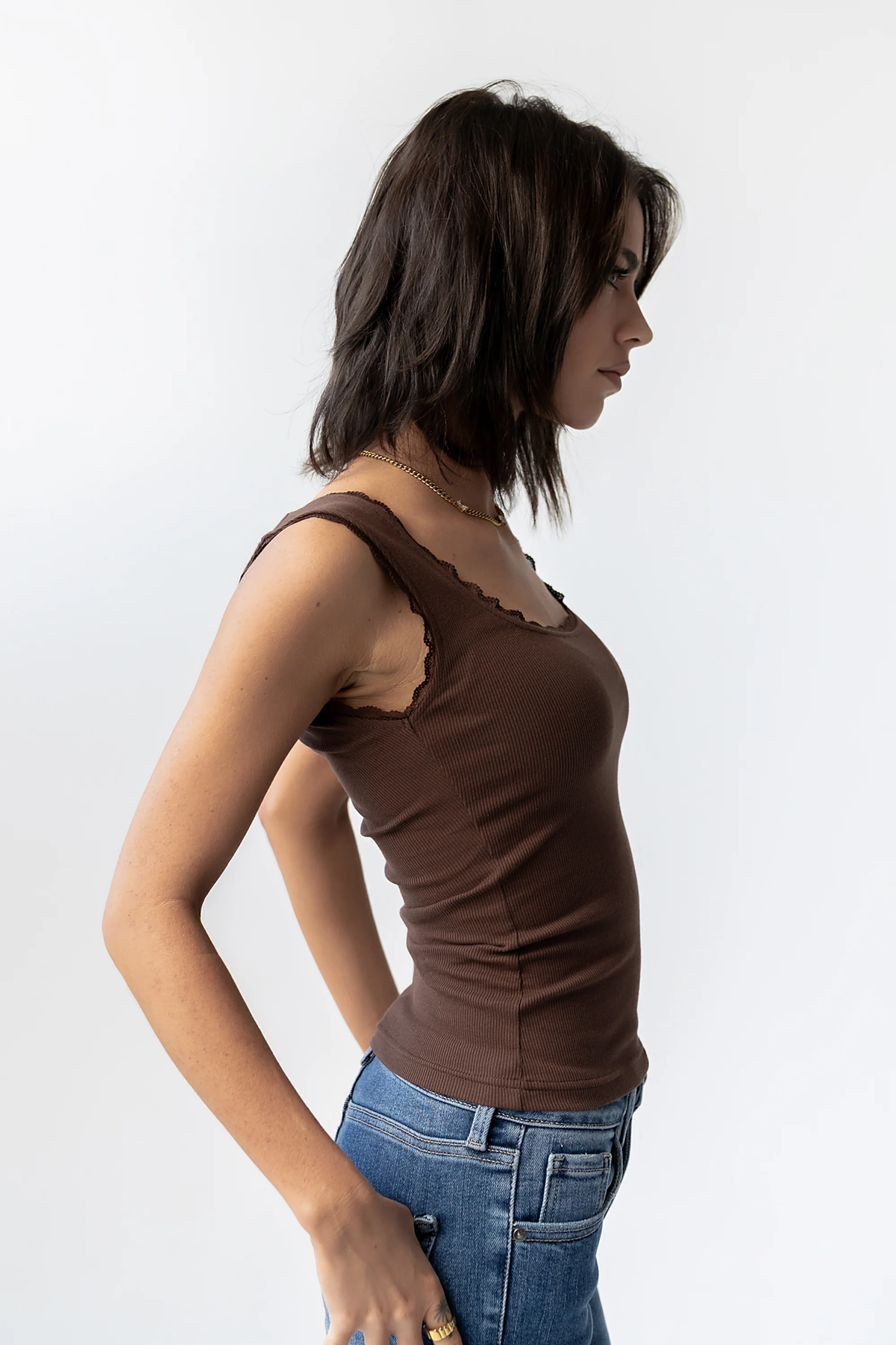 Sawyer Lace Trim Tank Top in Brown