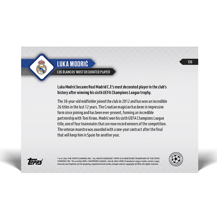 Luka Modrić - Los Blancos' most decorated player - 23/24 UCL TOPPS NOW® Card 136