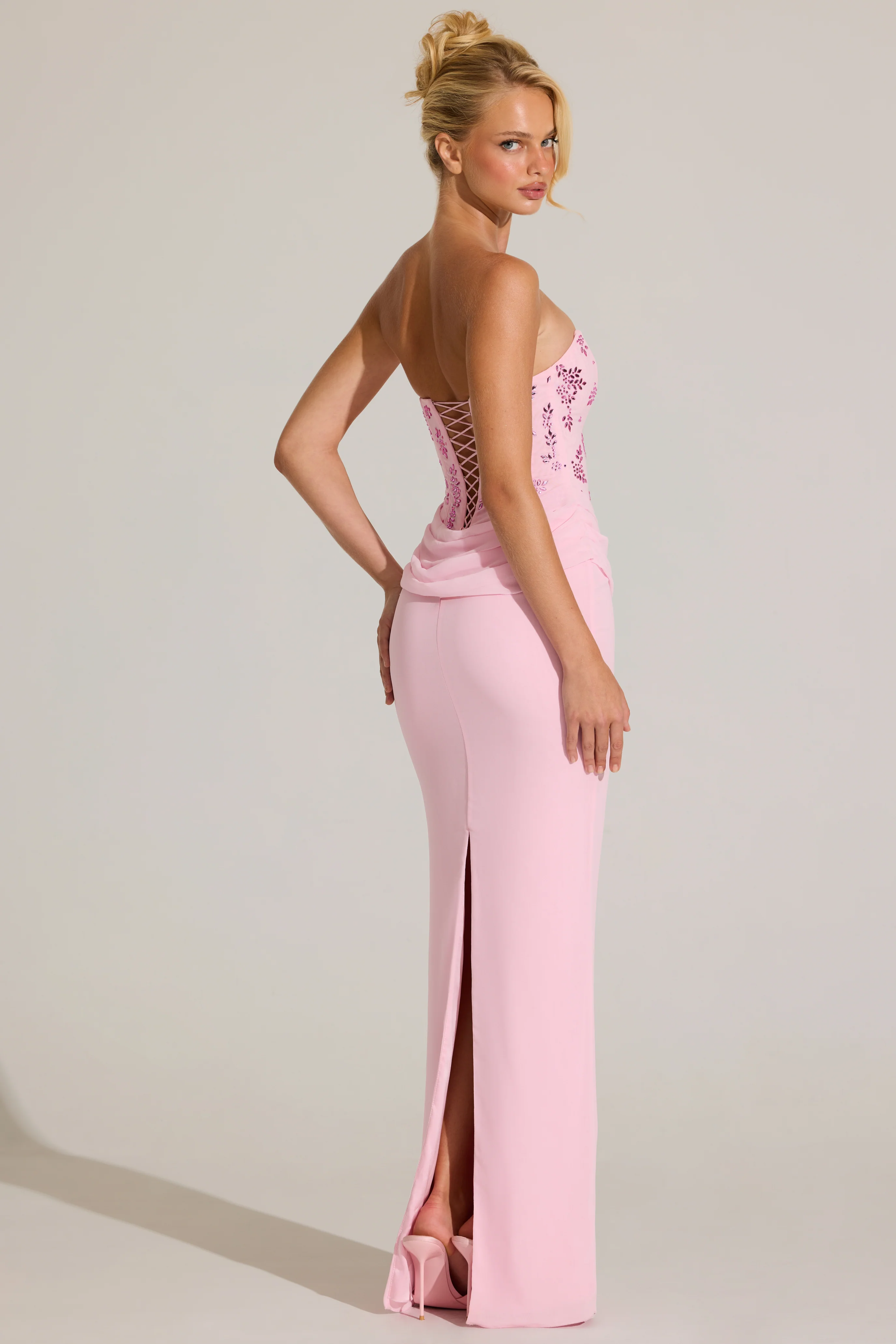 Embellished Corset Maxi Dress in Blossom Pink
