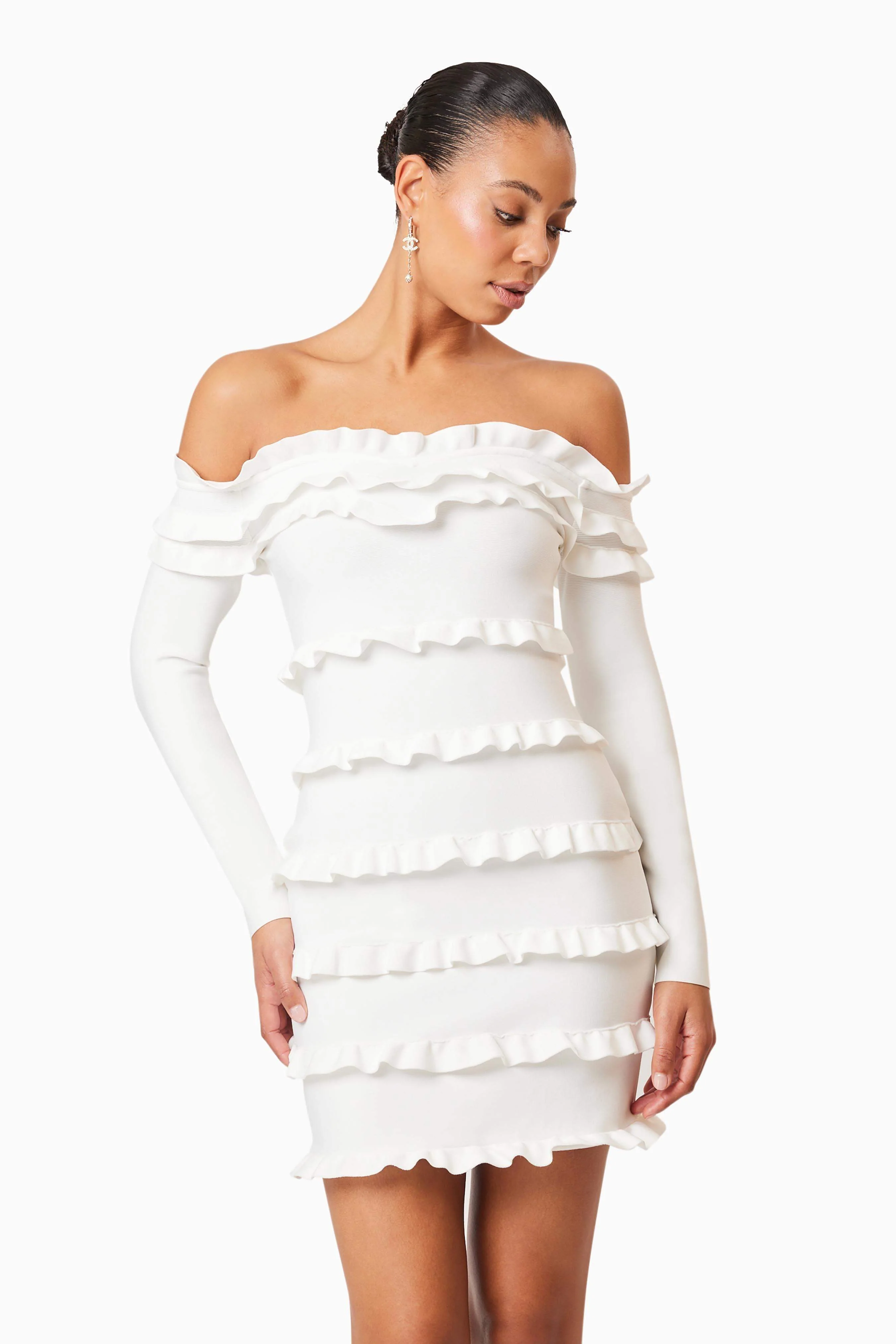 Kimberly Long Sleeve Frill Mini Dress in White