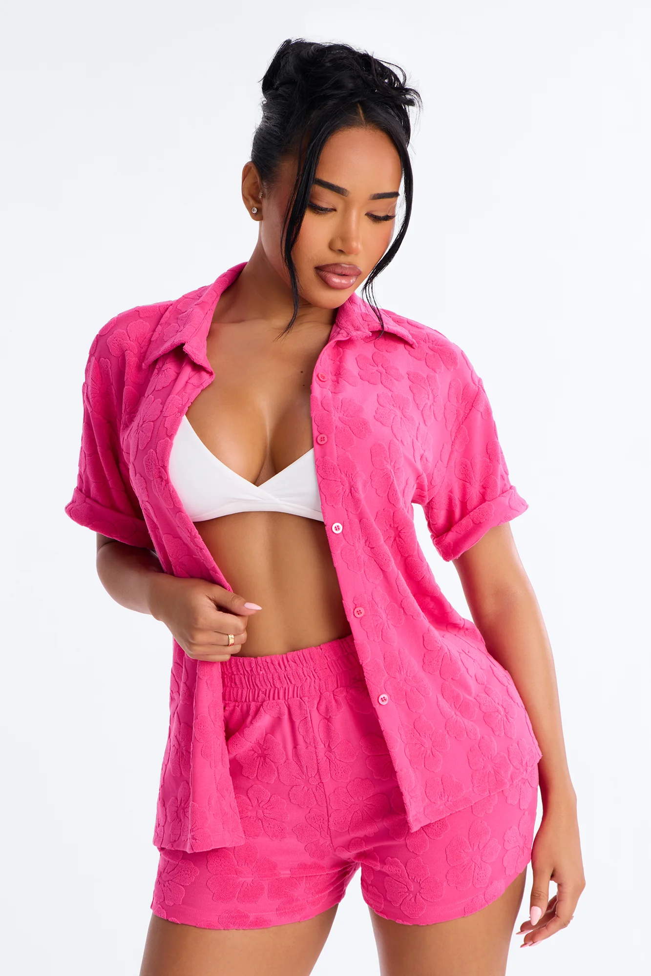 Cristal Textured Swim Cover Up Short Set - Fuchsia