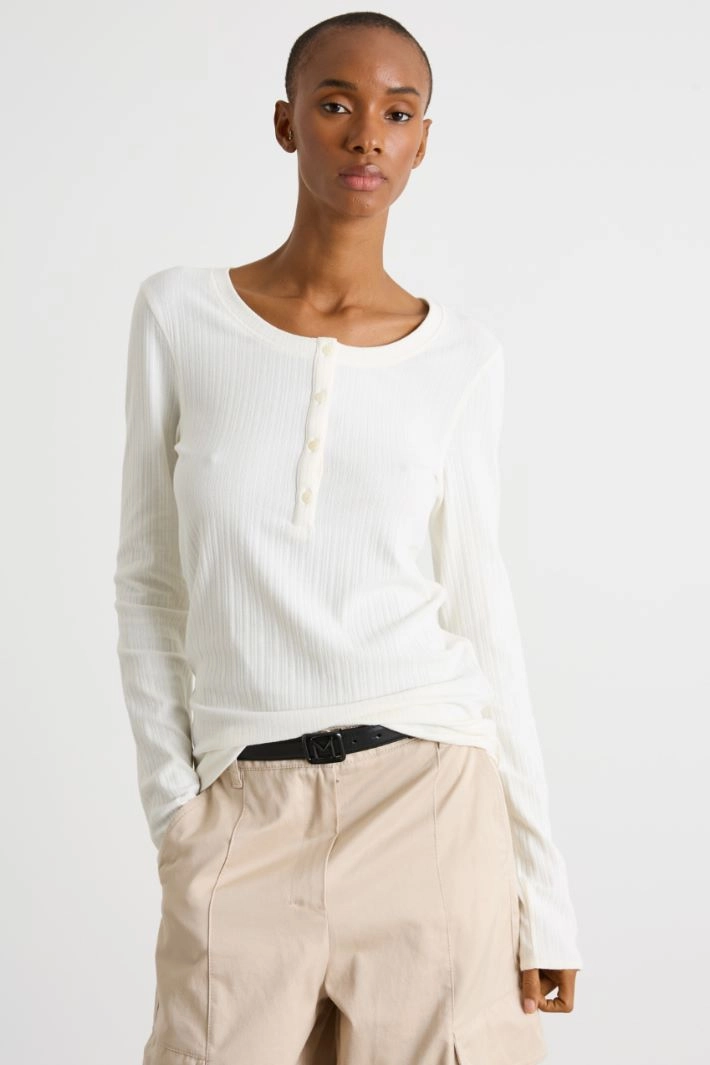 Ribbed Henley top - WHITE