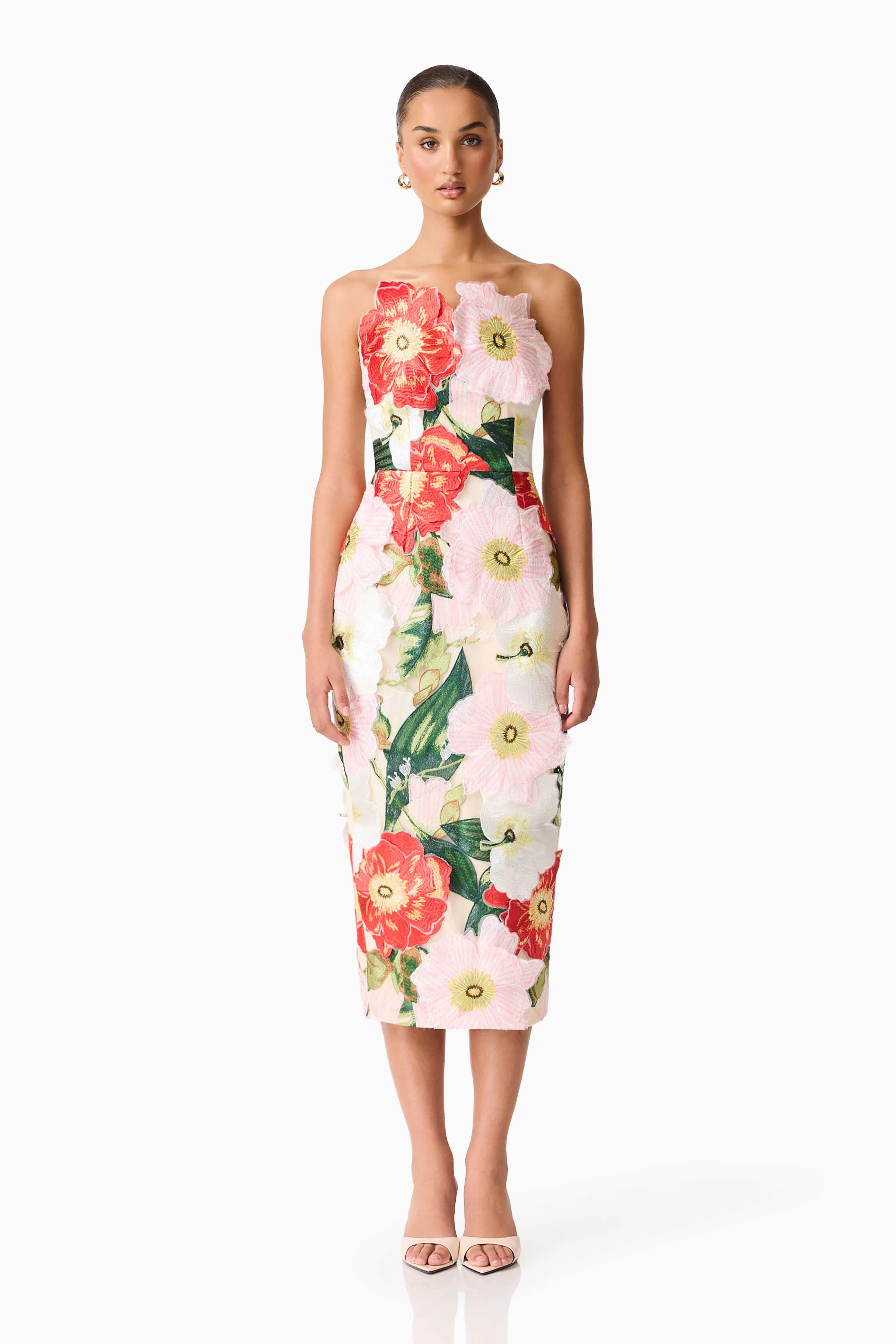 Solara Strapless Midi Dress in Pink Floral