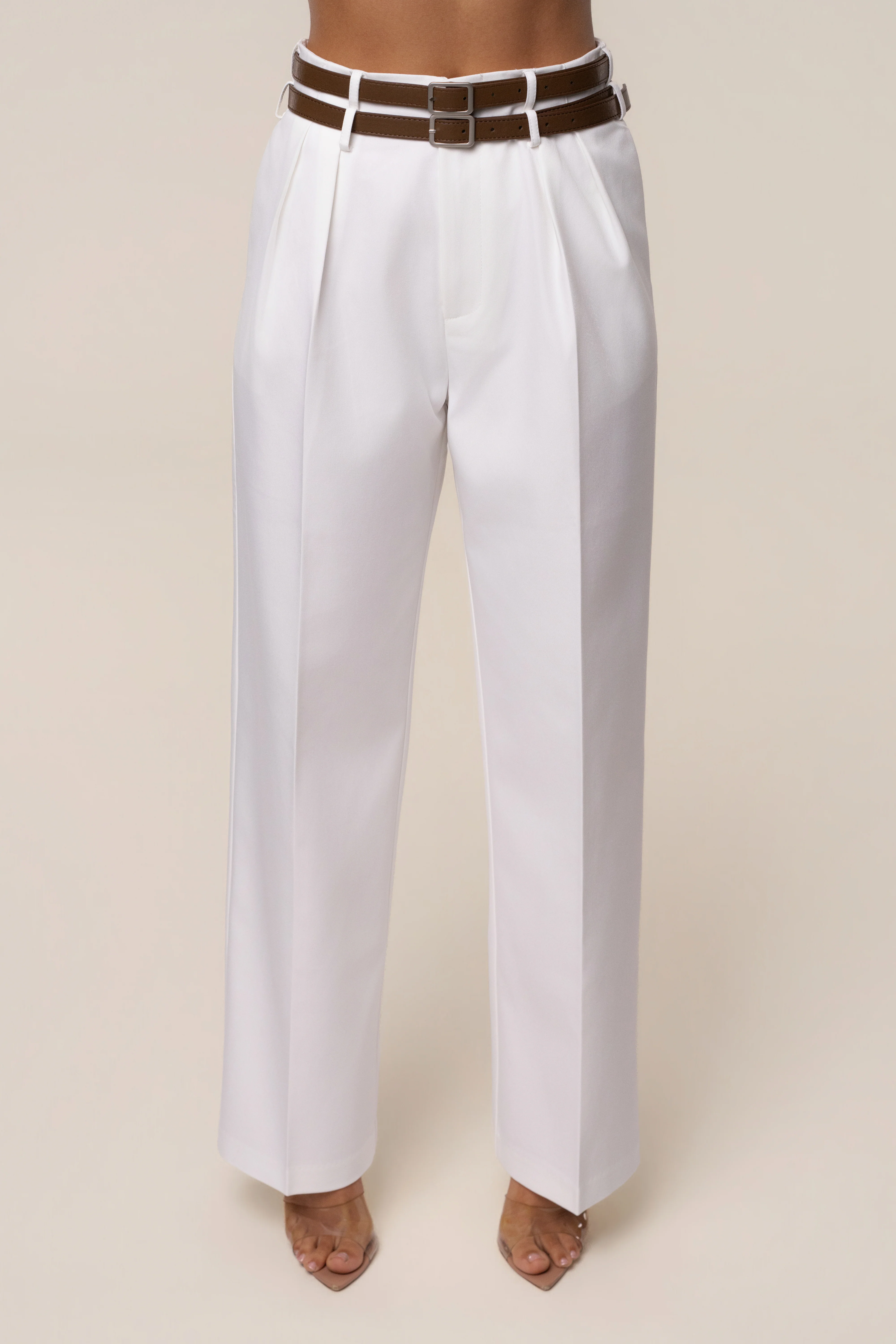 Ivory Modern Belted Trousers