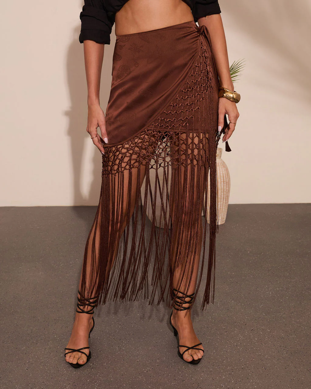 Elyssa Fringe Satin Jacquard Wrap Tie Midi Skirt