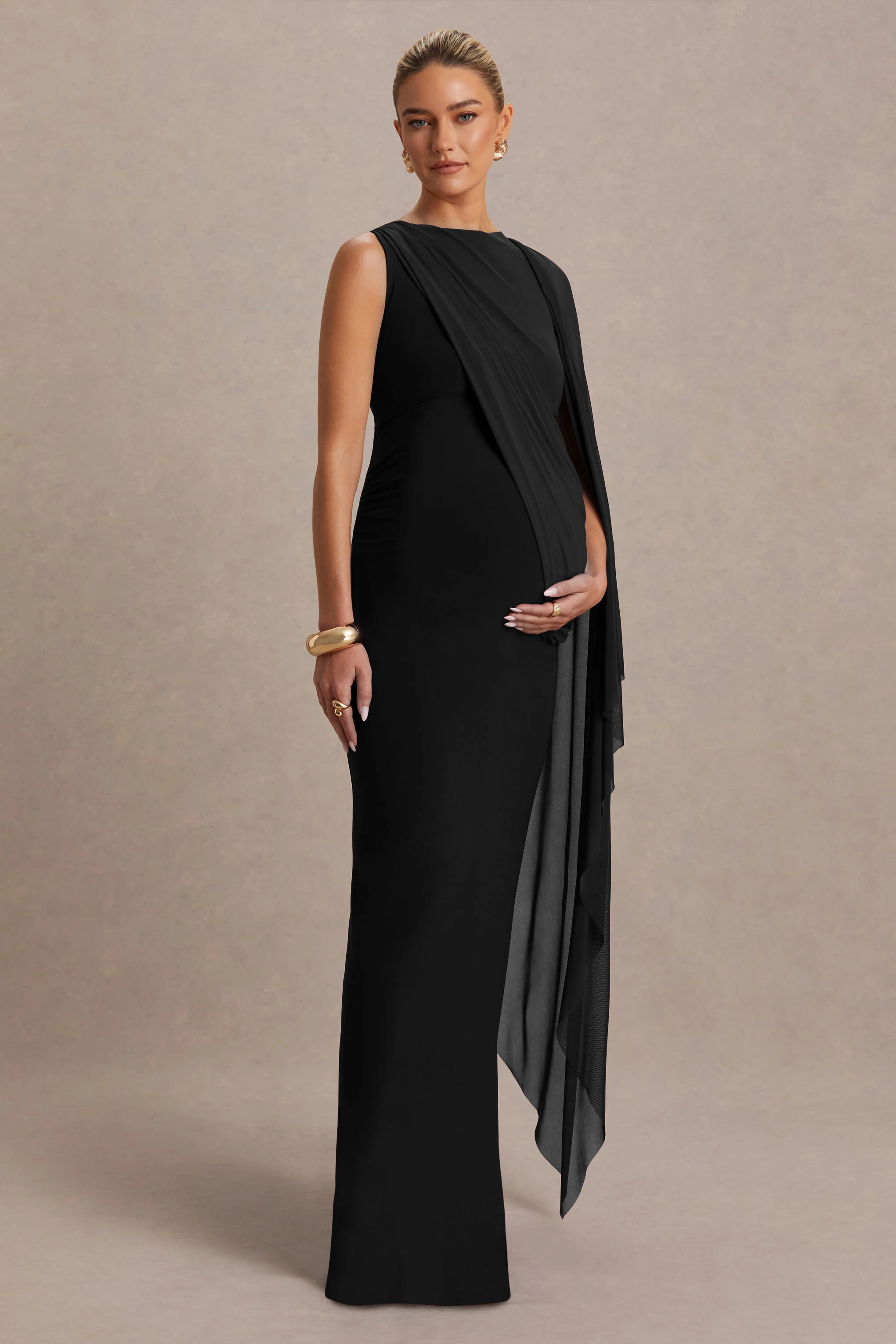 Cristina | Black High-Neck Maternity Maxi Dress With Cape-Sleeve