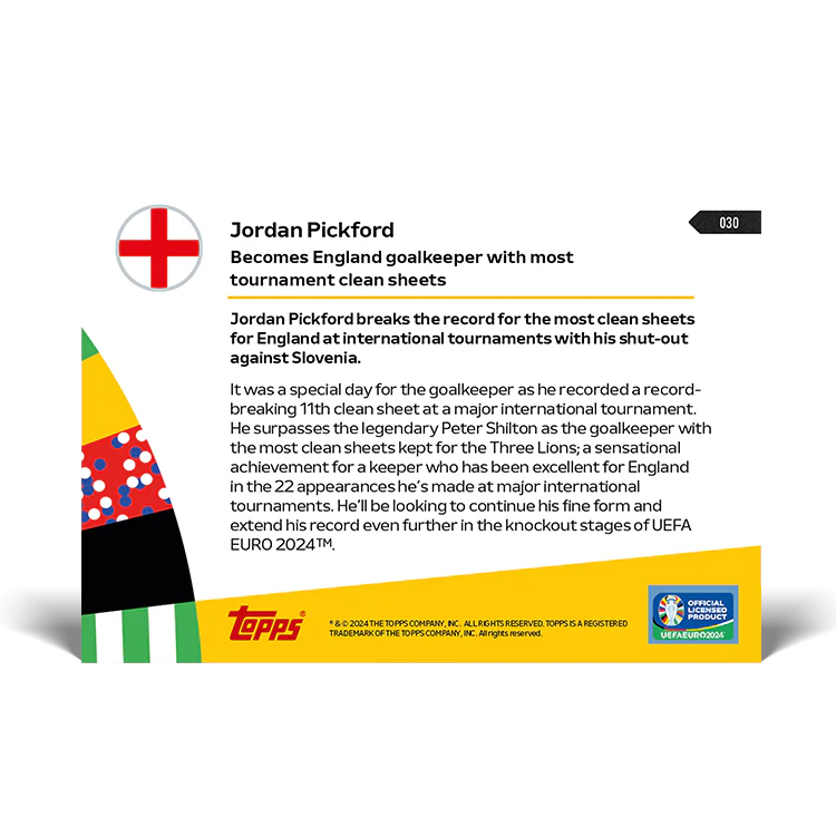 Jordan Pickford - Becomes England goalkeeper with most tournament clean sheets - EURO 2024 TOPPS NOW® Card 30