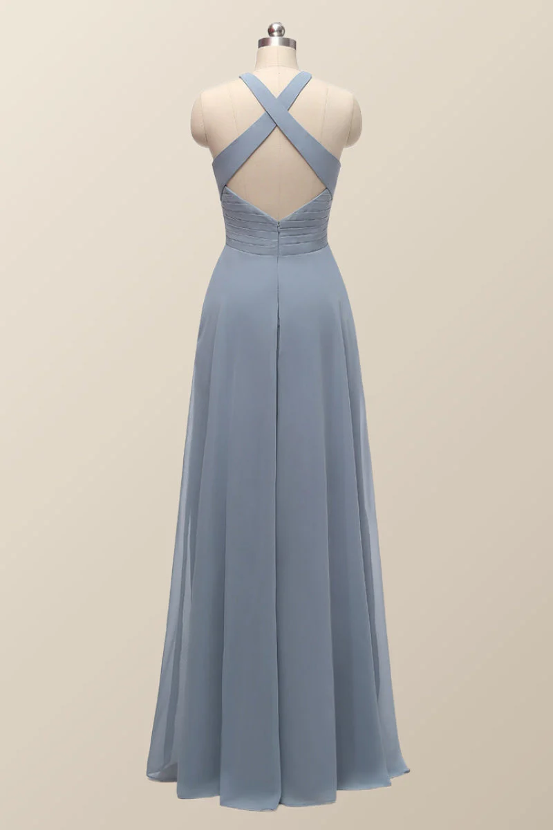 Halter Misty Blue Chiffon A-line Long Bridesmaid Dress