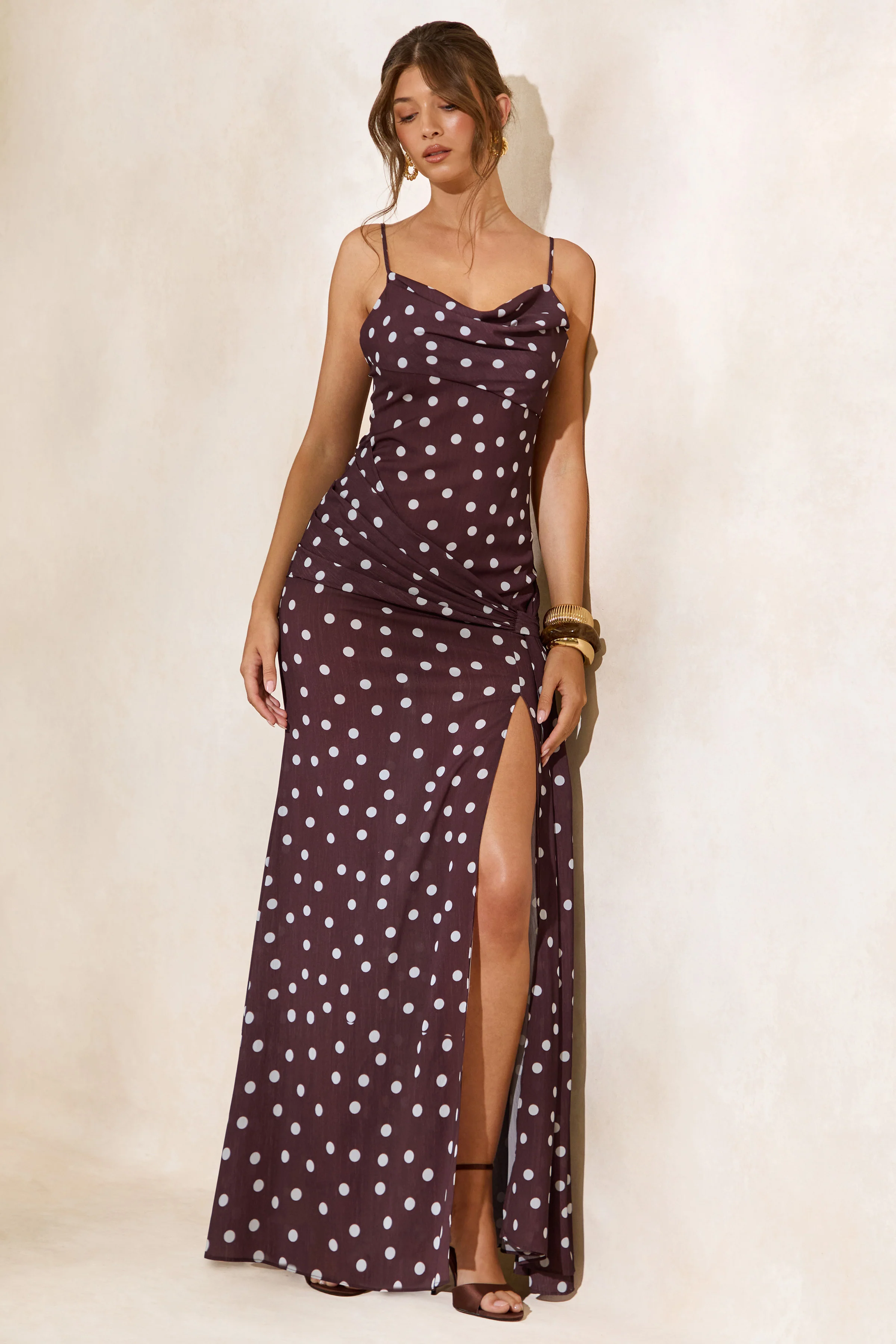 Virtue | Dark Brown Polka Dot Print Sheer Chiffon Cowl Maxi Dress With Sash And Split