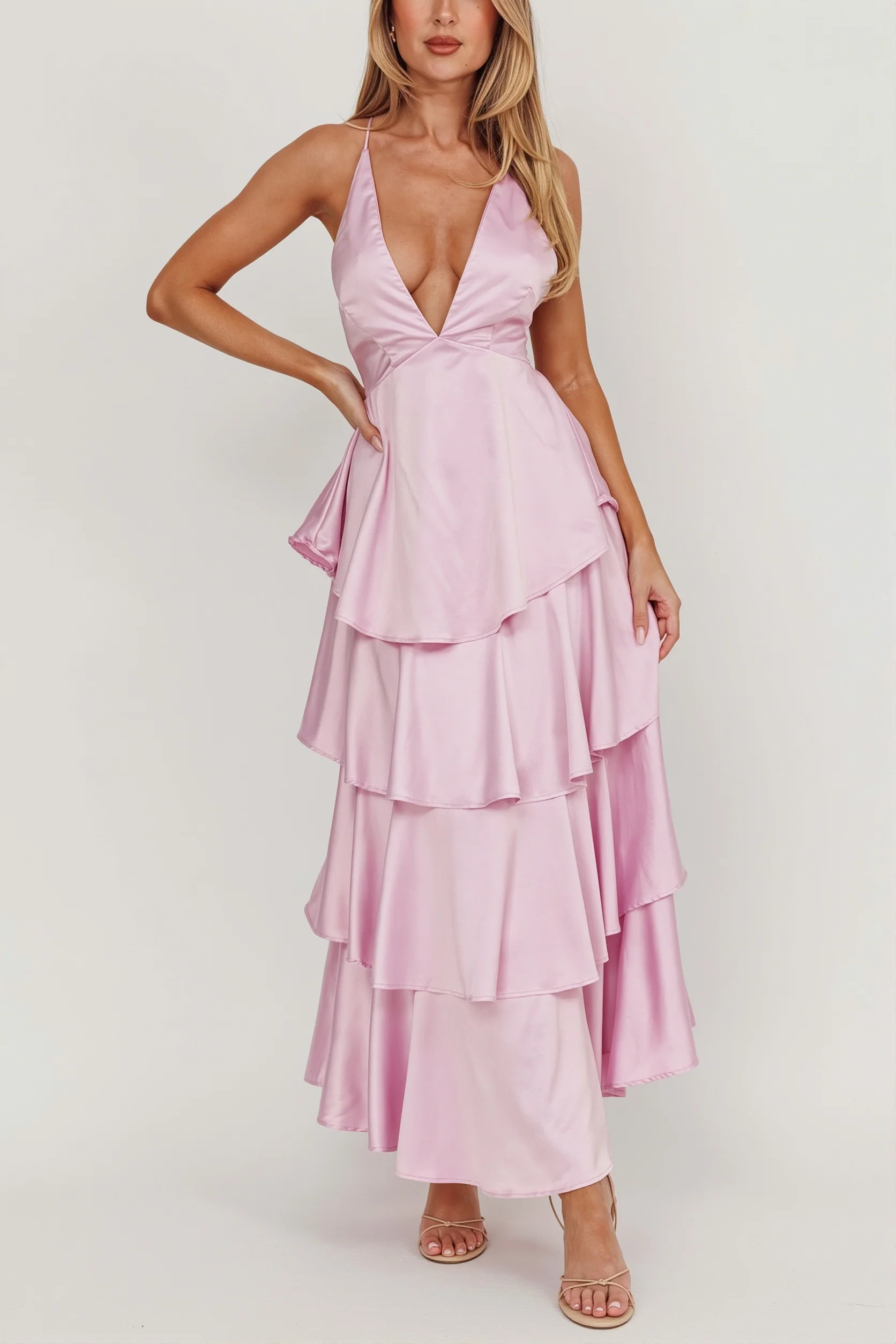 Satin V-Neck Cami Tiered Slim Maxi Dress