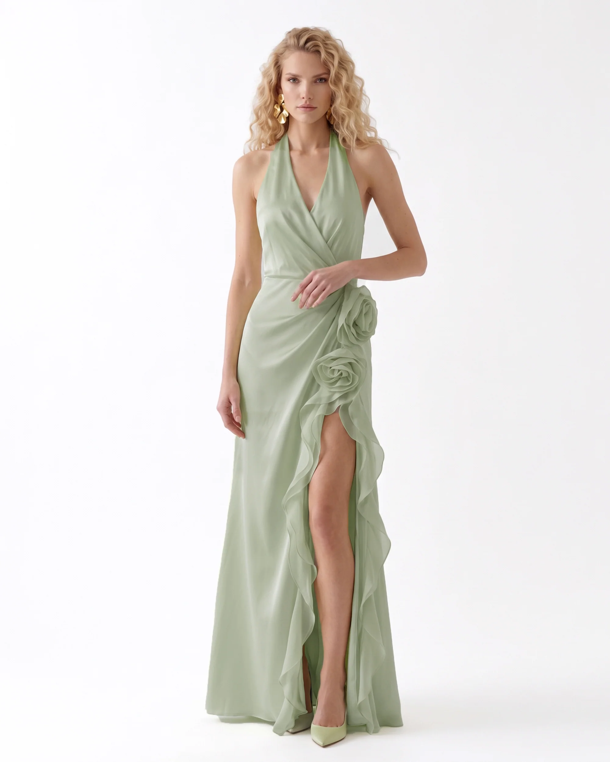 Halter Draped Rosette Slit Maxi Dress - Light Green