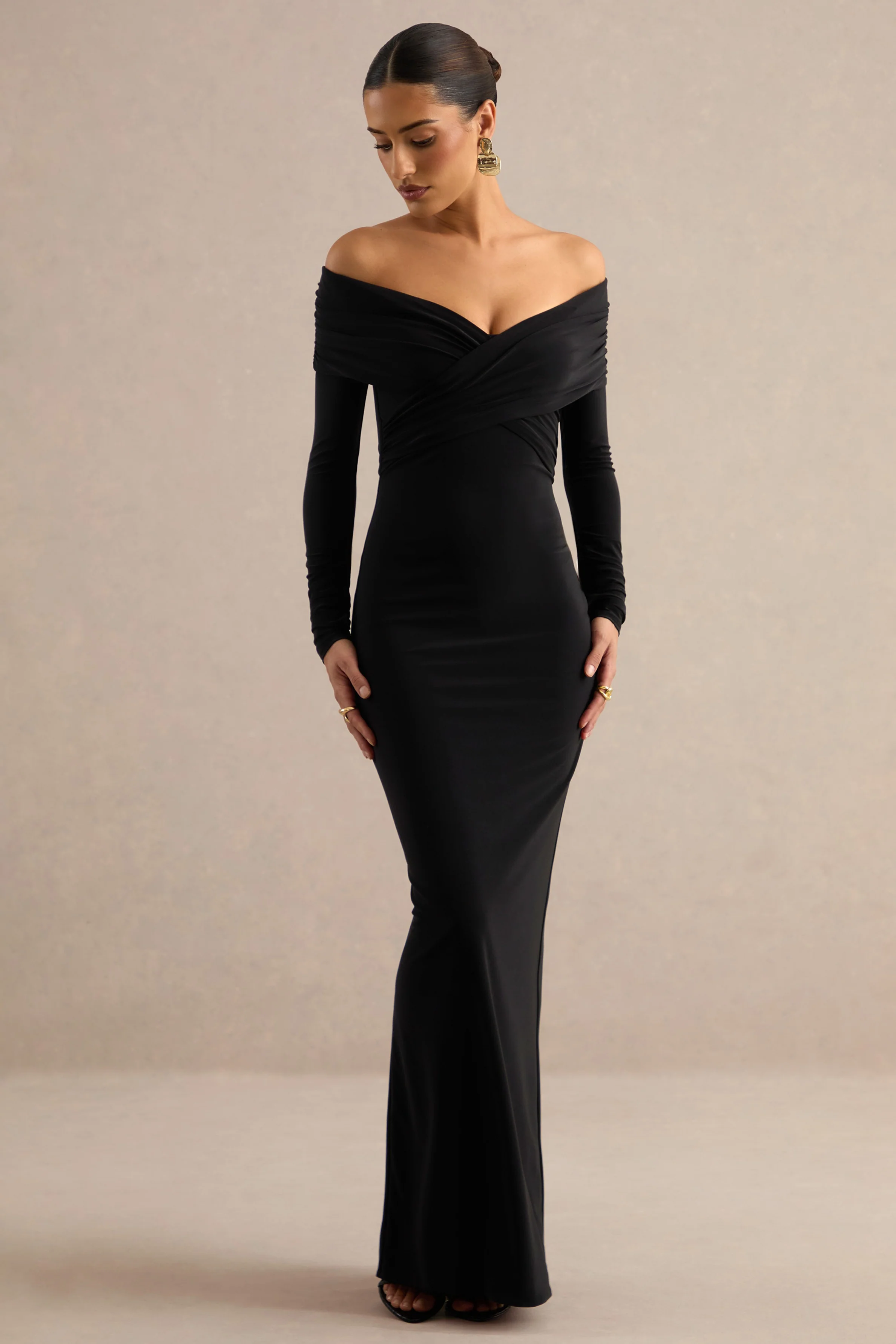 Kylara | Black Jersey Bardot Long Sleeve Maxi Dress With Ruching