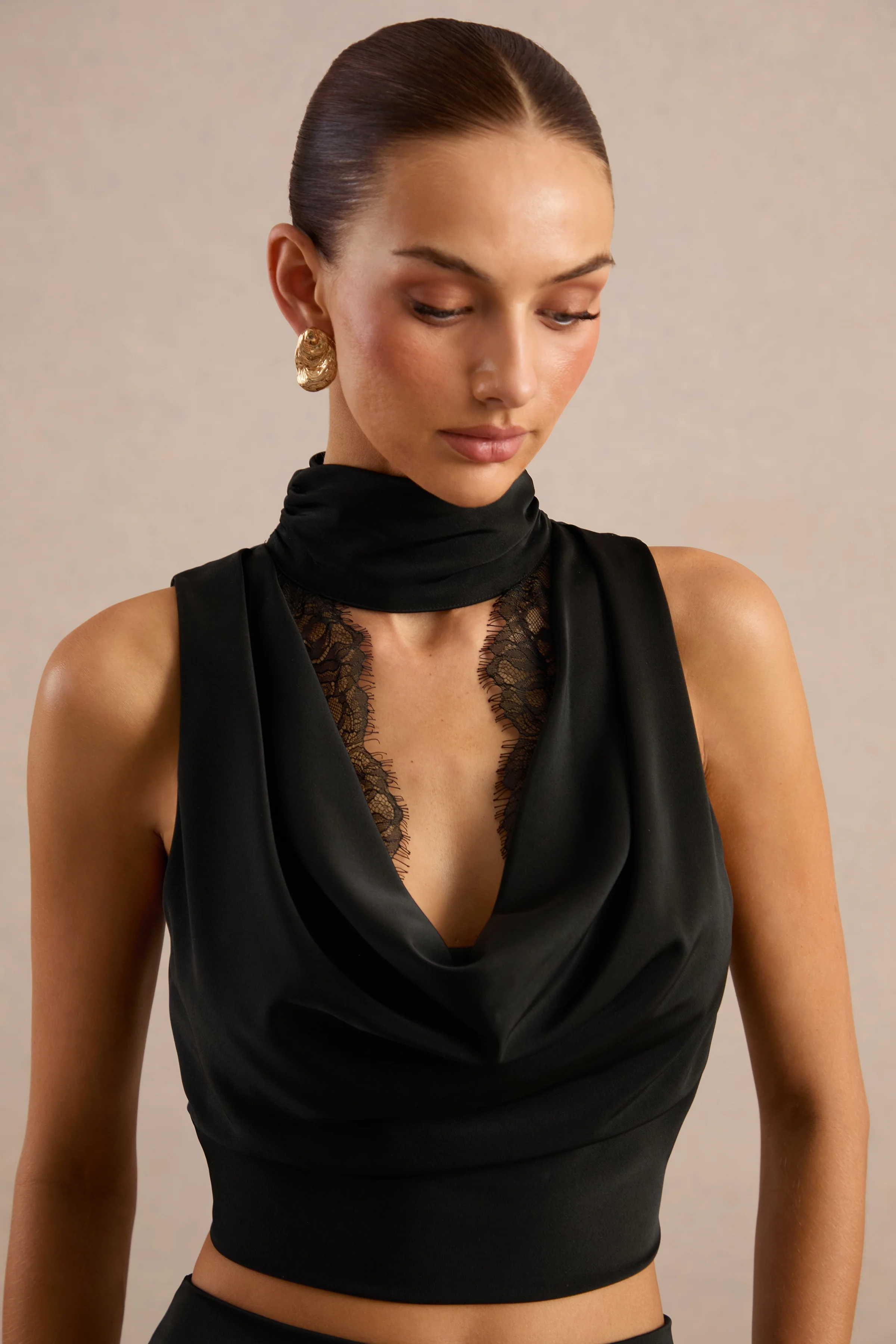 Perline | Black Satin High Neck Top With Lace Detailing