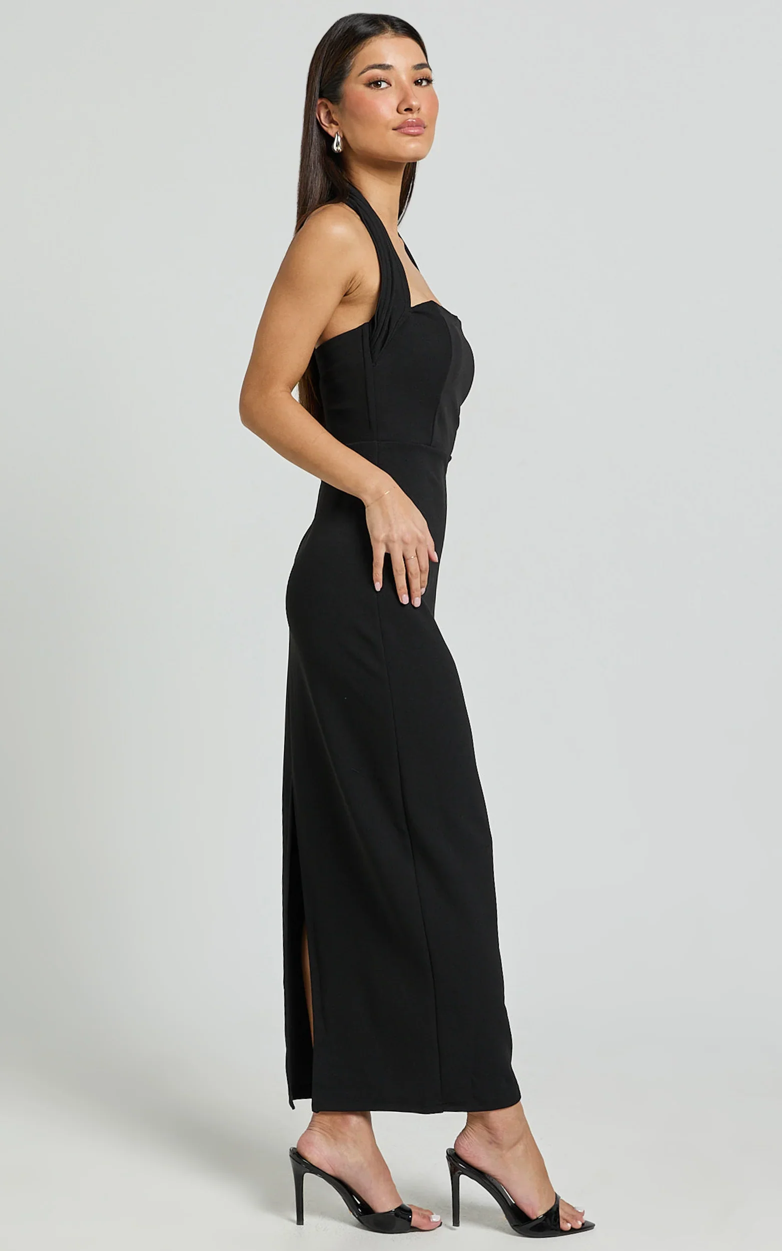 Salome Midi Dress - Halter Neck Column Dress in Black