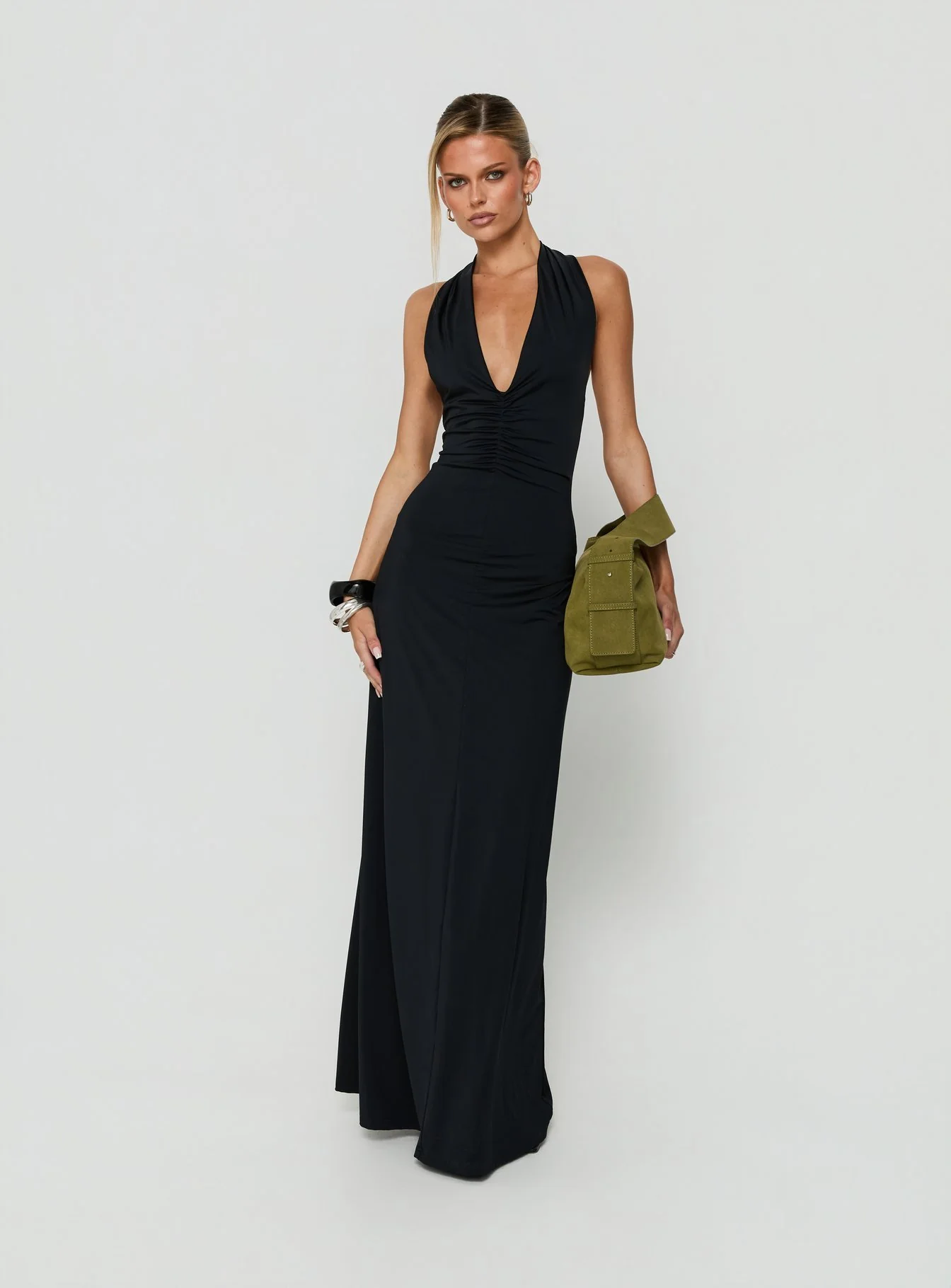Dreamt Of You Plunge Neck Halter Maxi Dress Black