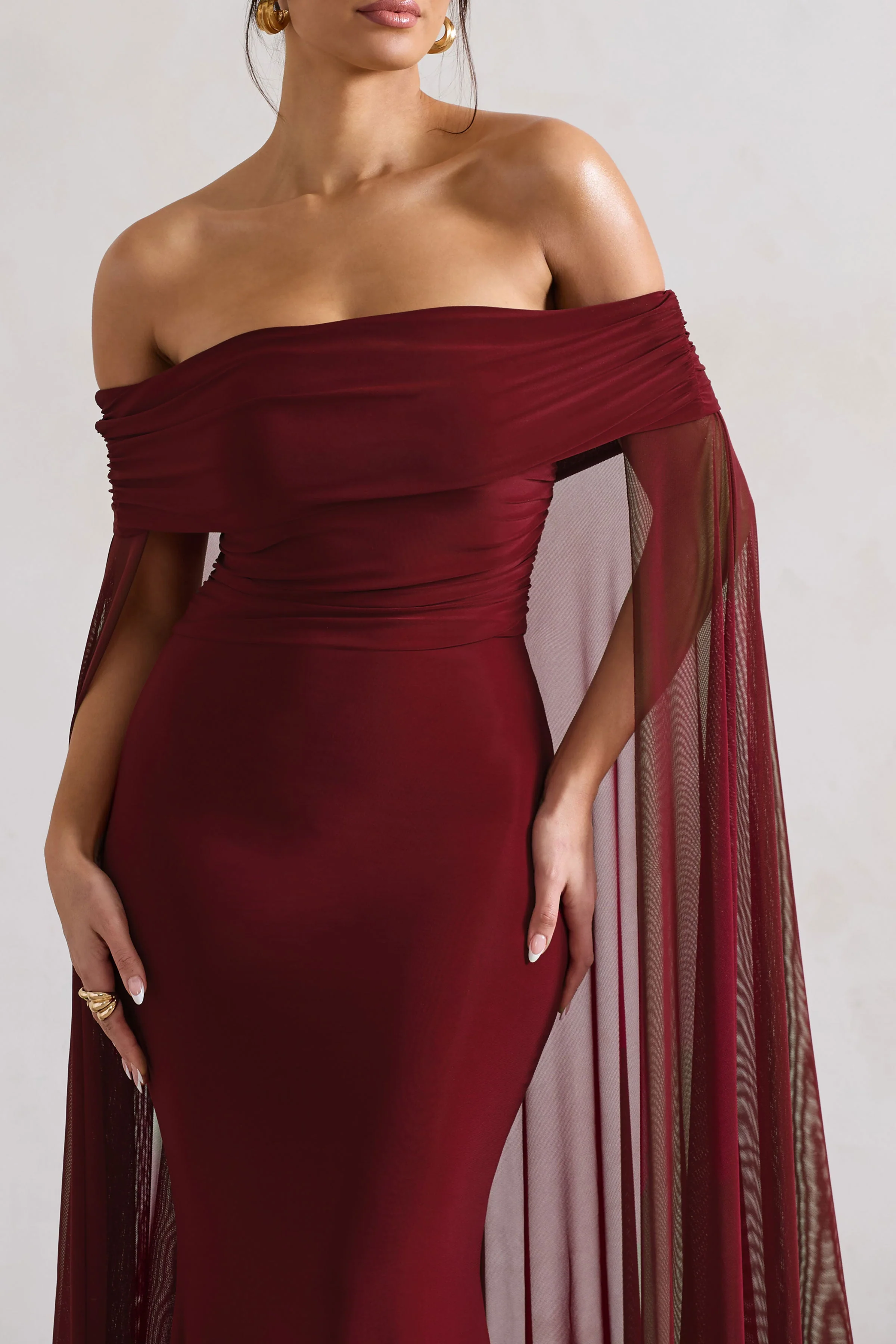 Carlotta | Berry Bardot Maxi Dress With Chiffon Cape