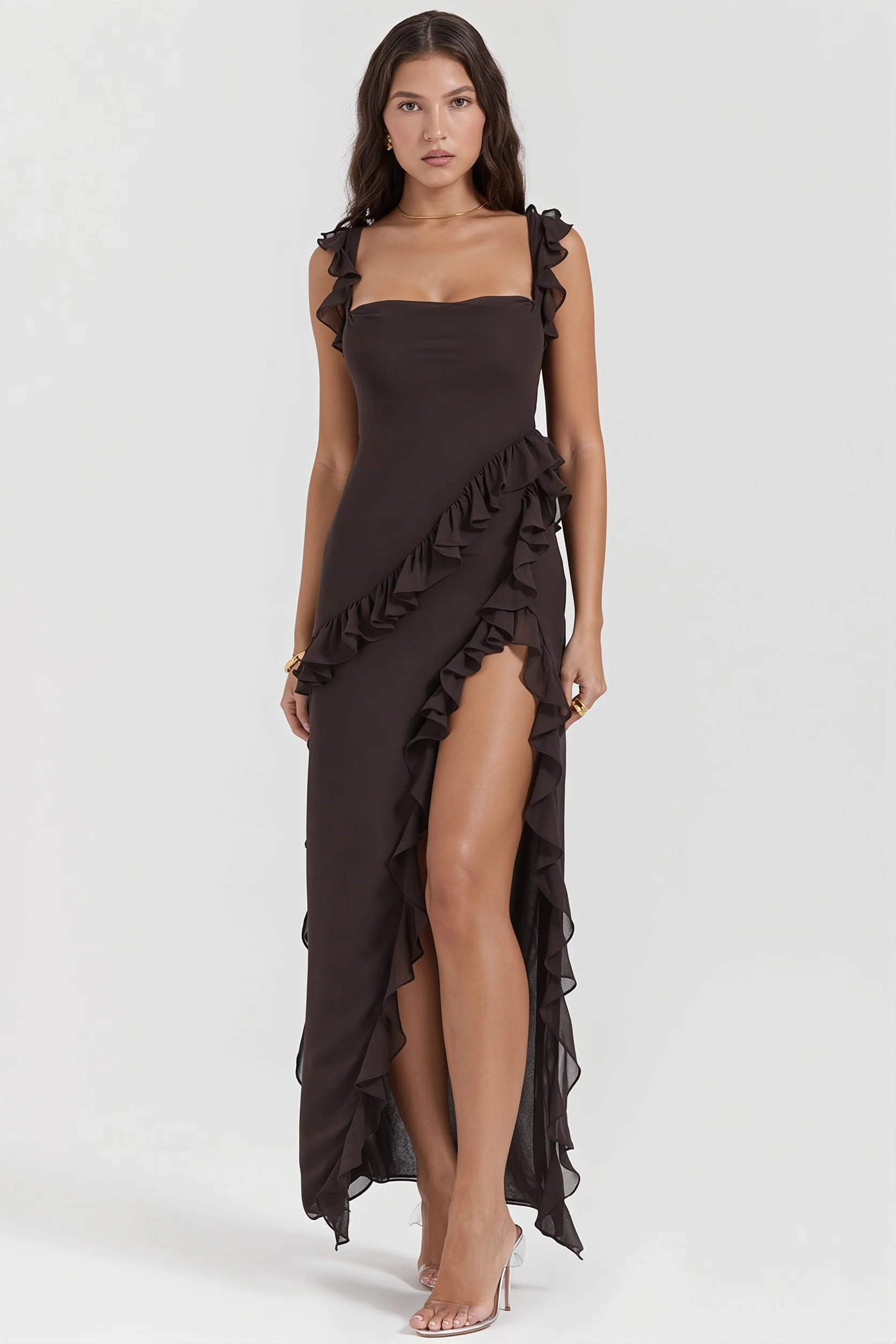 Ribbon Ruffle Splice Slit Maxi Dress