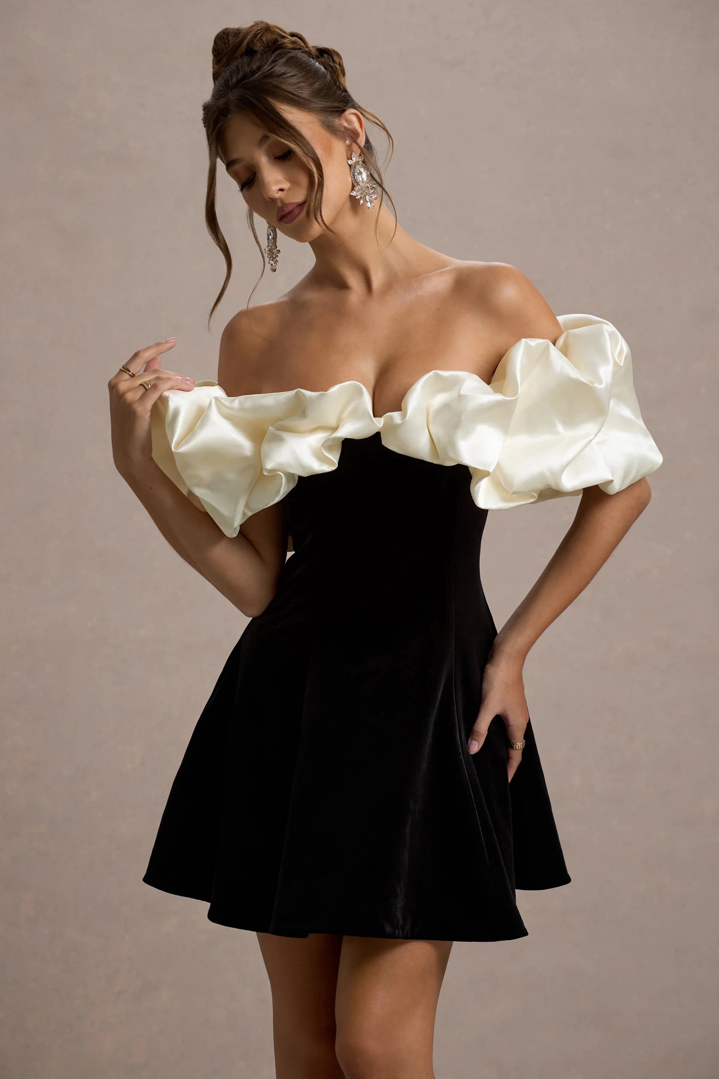 Brynne | Black & Cream Velvet Mini Dress With Satin Puff Sleeves