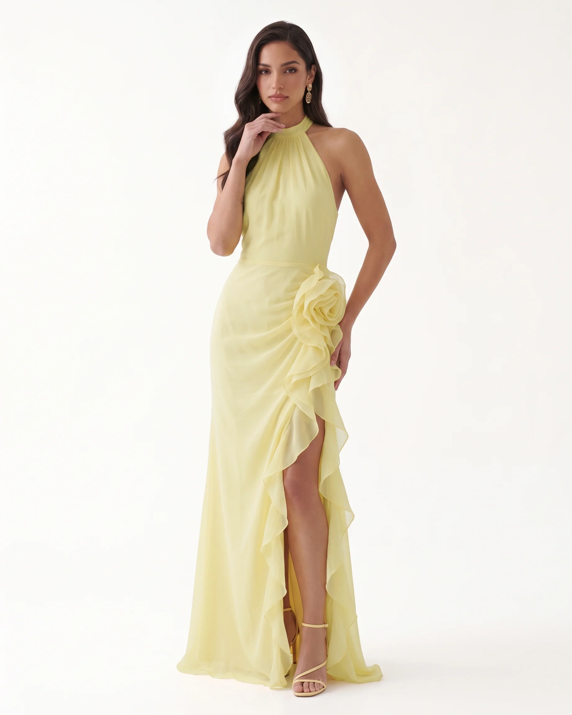 Halter Ruffle Rosette Slit Maxi Dress - Light Yellow