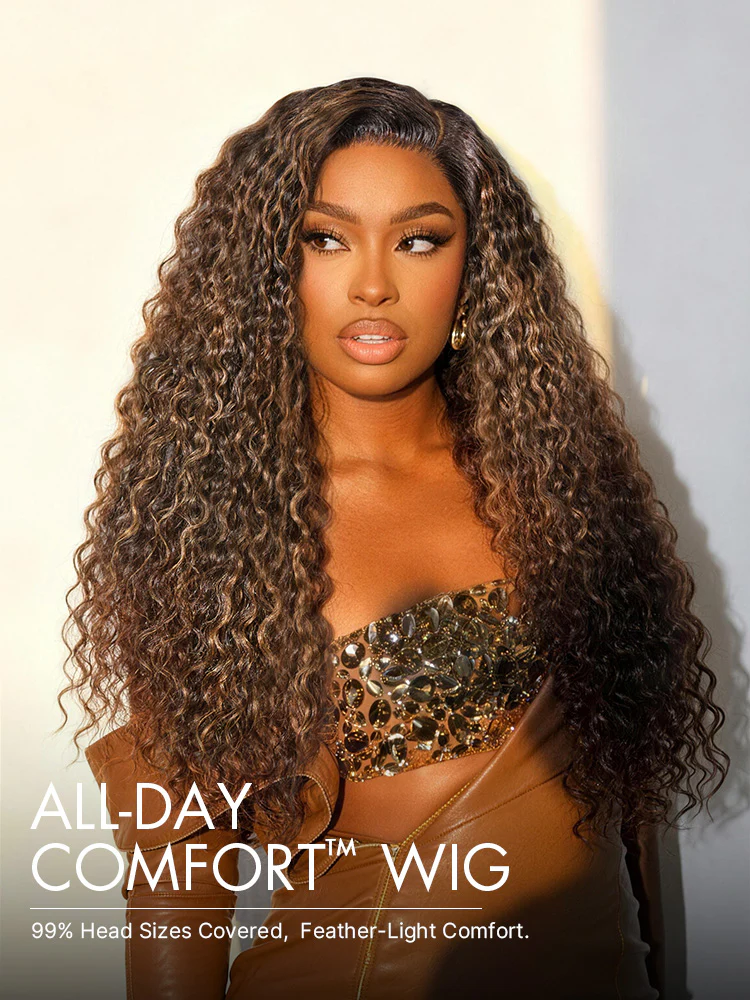 Luvme All-Day Comfort™ Wig PartingMax Brown Highlights Funmi Curly 7x6 Closure HD Lace Glueless Wig Pre Cut Lace