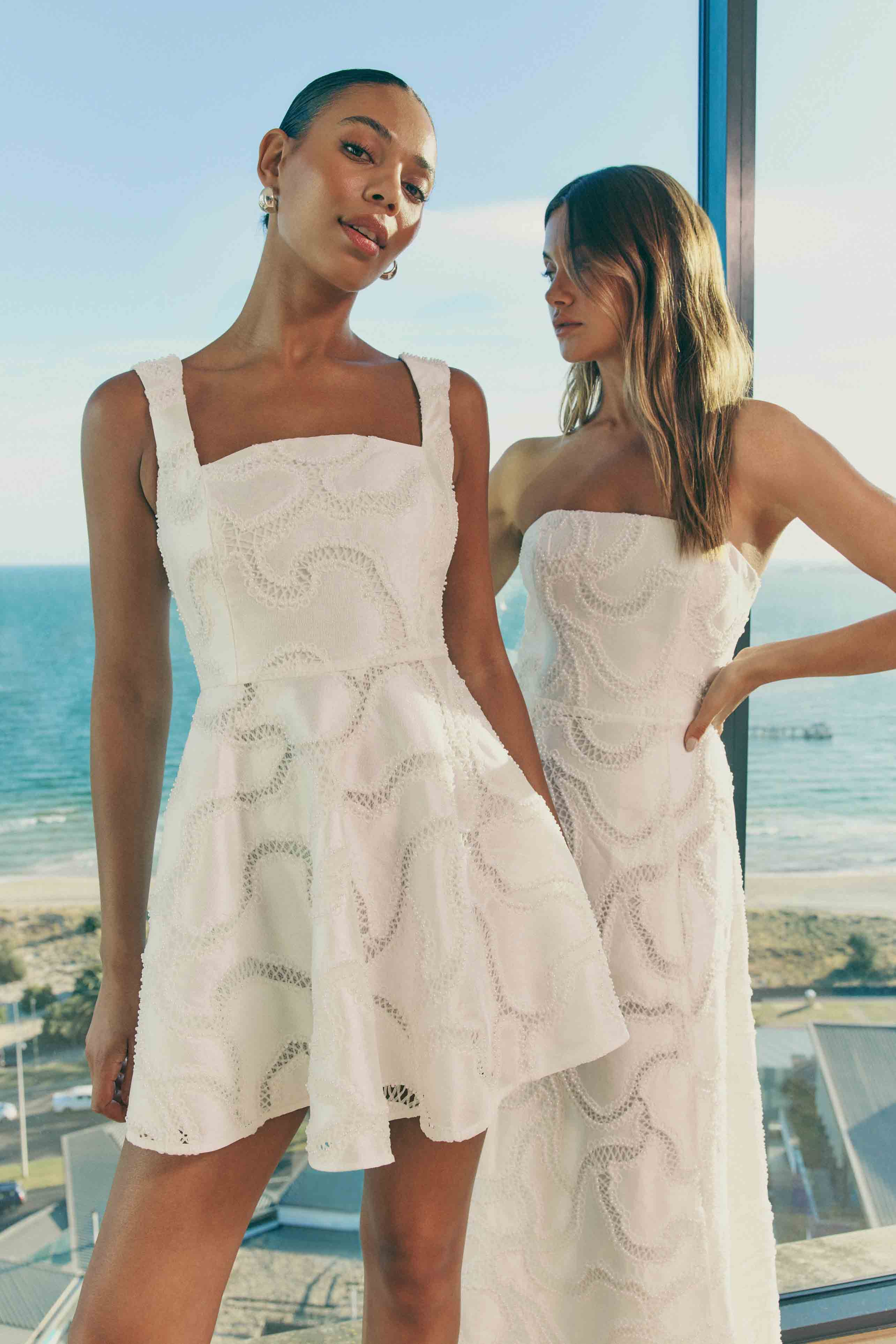 Elara Beaded Mini Dress in White