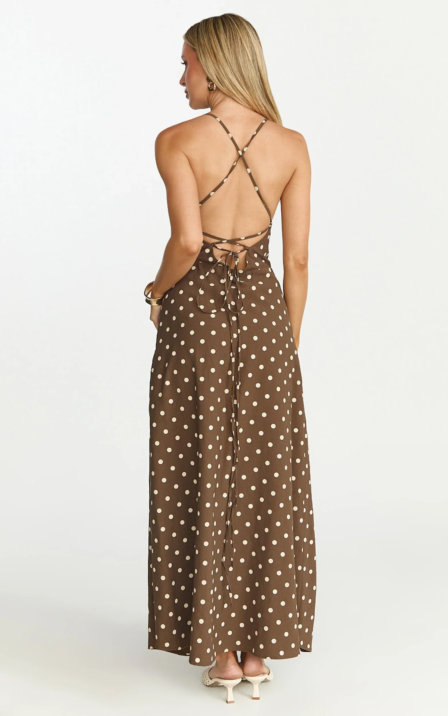 Leighton Maxi Dress - Cross Over Spaghetti Straps Square Neck A Line Dress in Choc/Cream Polka Dot