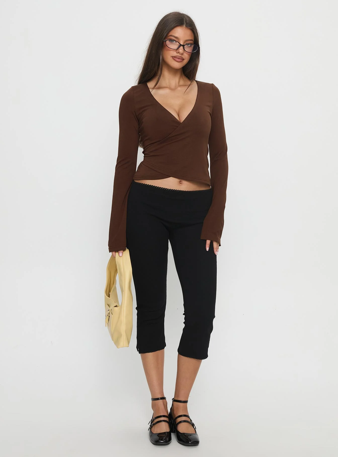 Stefanee Long Sleeve Wrap Top Brown