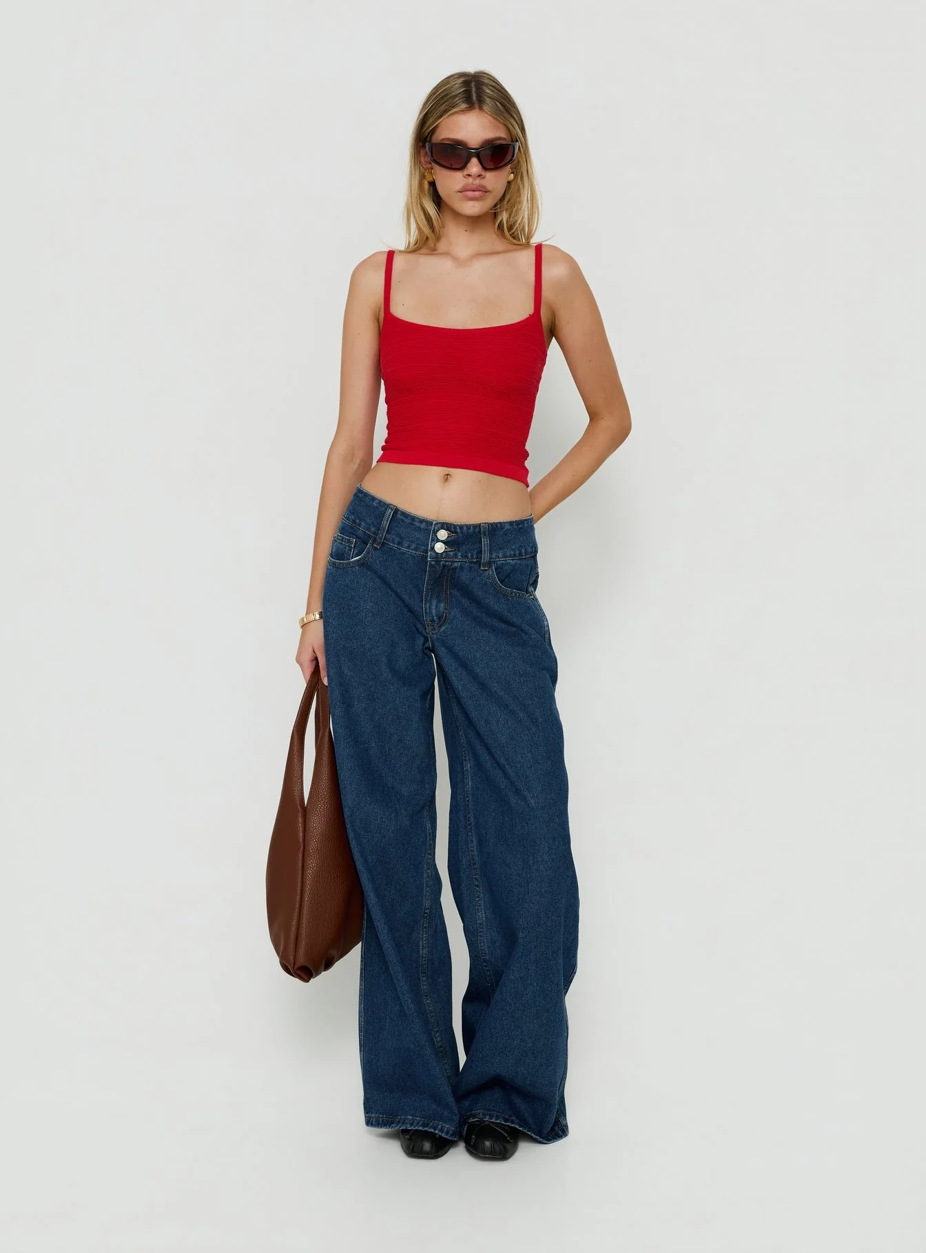 Ramos Low Rise Double Button Wide Leg Denim Jeans Dark Indigo