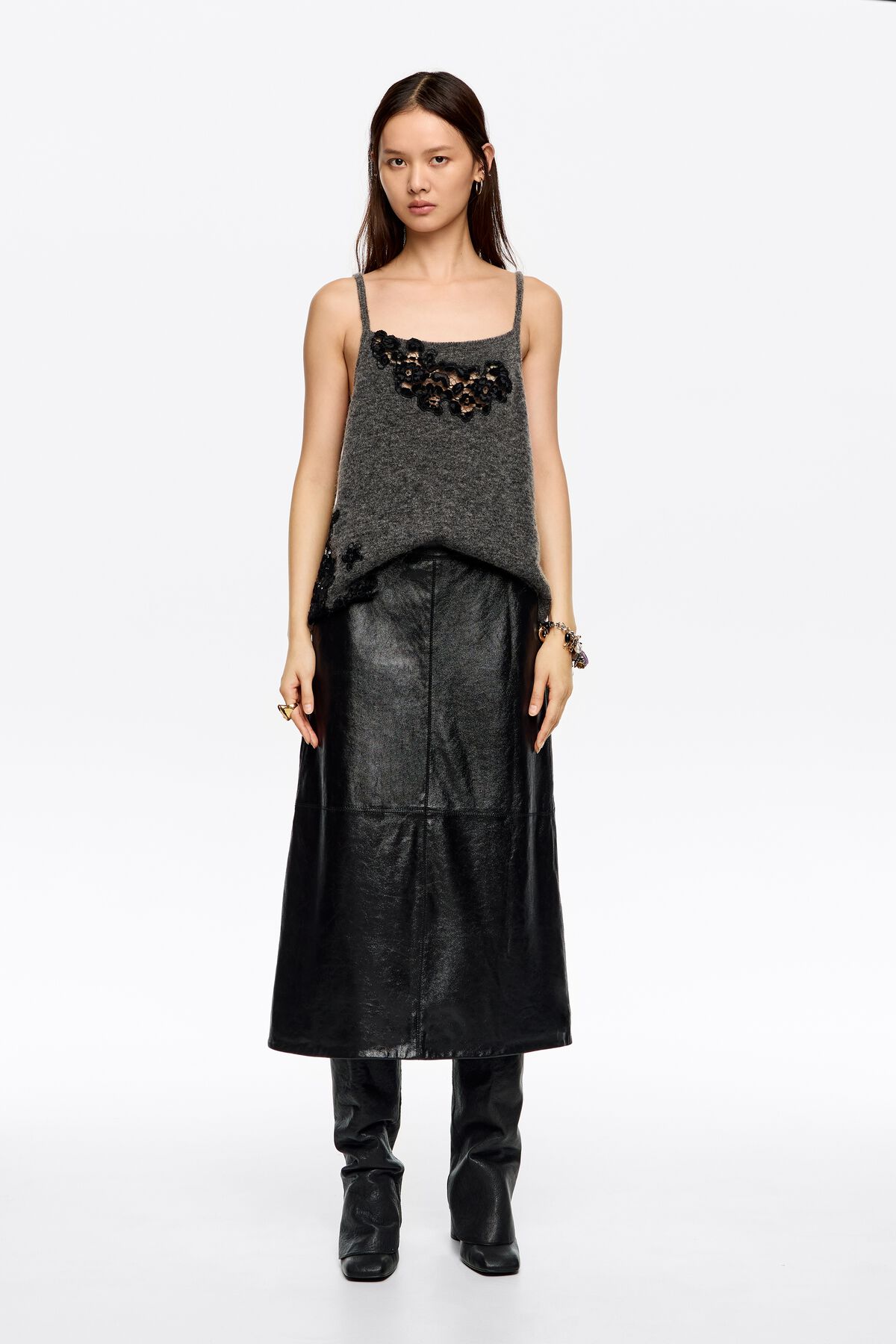 Black leather A-line midi skirt