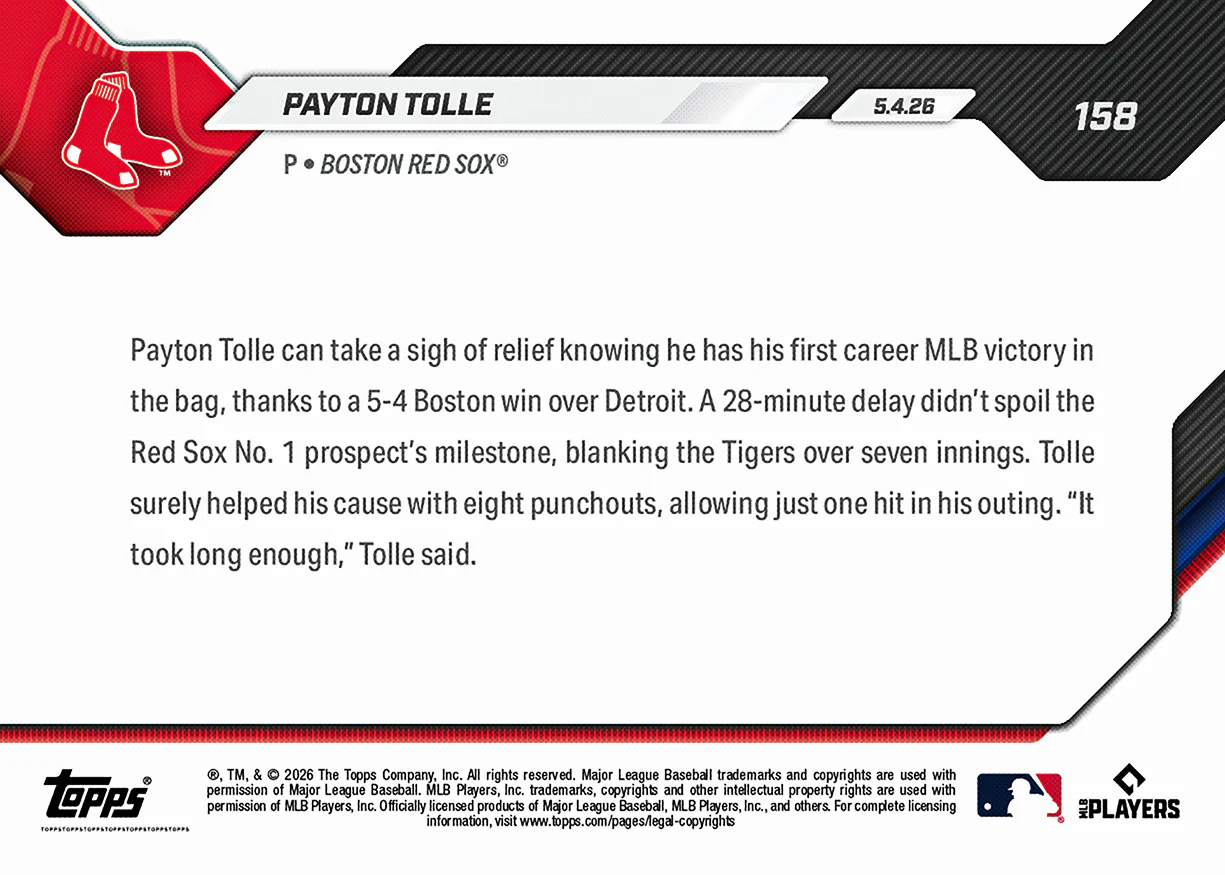 Payton Tolle - 2026 MLB Topps NOW® - Card 158 - PR: 1831