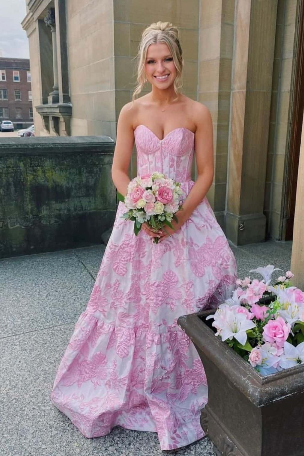 Pink Floral Jacquard Sweetheart A-line Dress