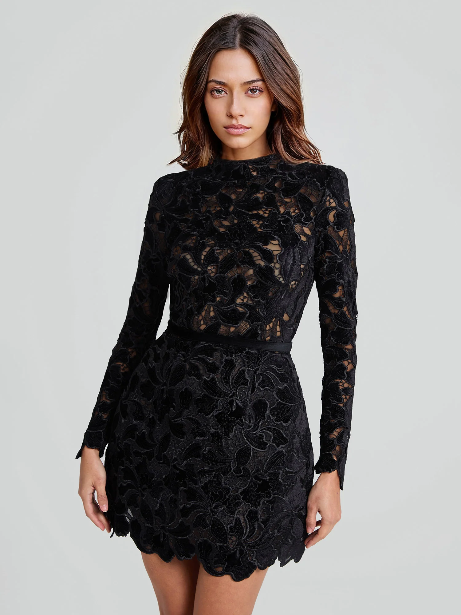 Lace Long Sleeve Mini Dress with Scalloped Hem