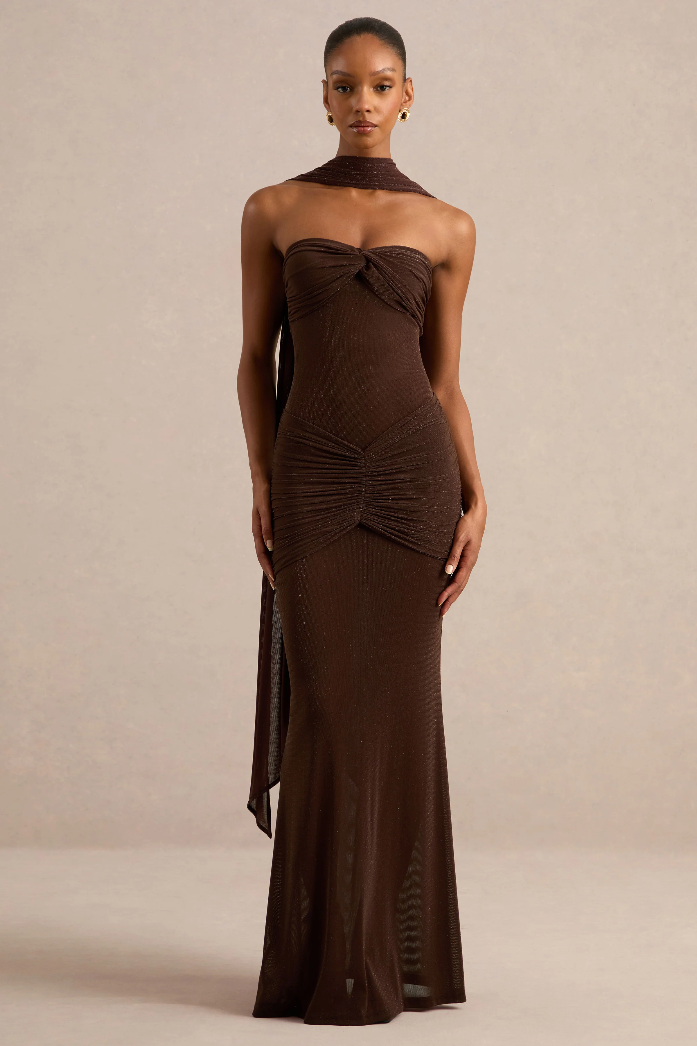 Ursa | Brown Bandeau-Neck Maxi Dress With Scarf Detail And Gathered Detailing