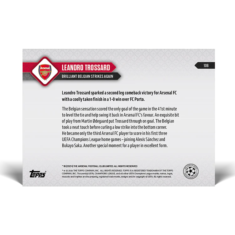 Topps UK - Leandro Trossard - Brilliant Belgian strikes again - UCL TOPPS NOW® Card #106