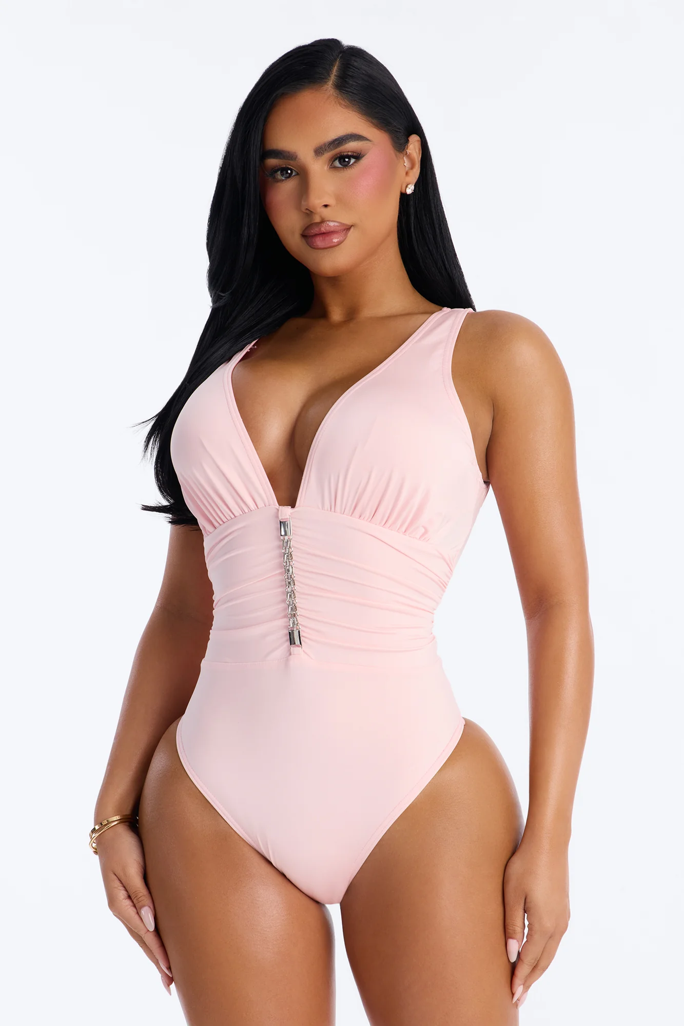 Shore Walks Ruching Hardware 1 Piece Swimsuit - Light Pink