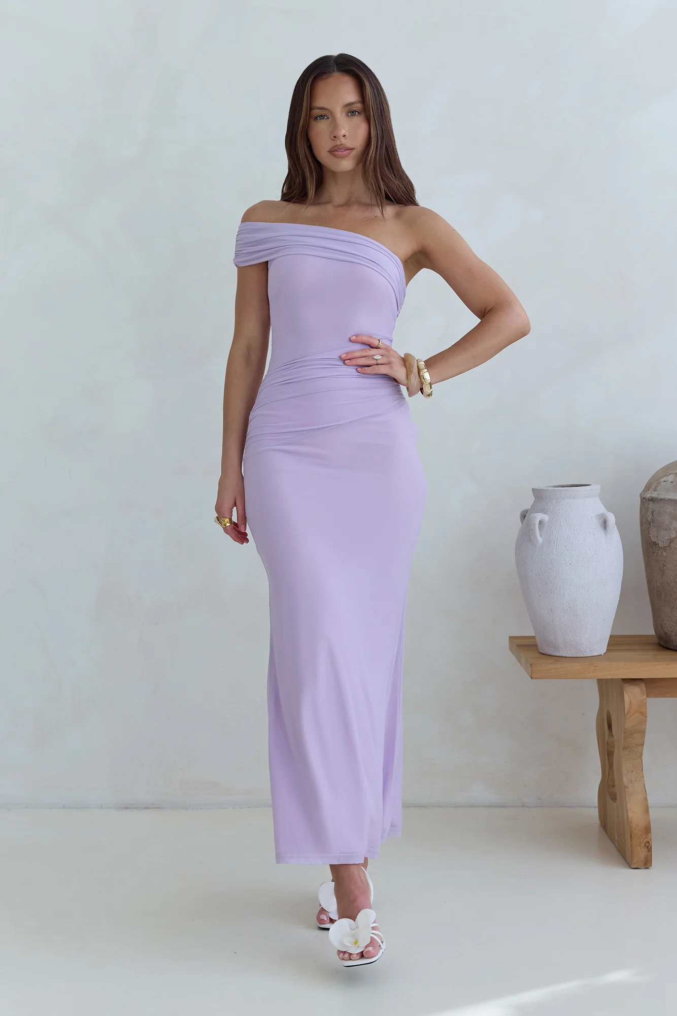 Dahlia One Shoulder Mesh Maxi Dress Lilac
