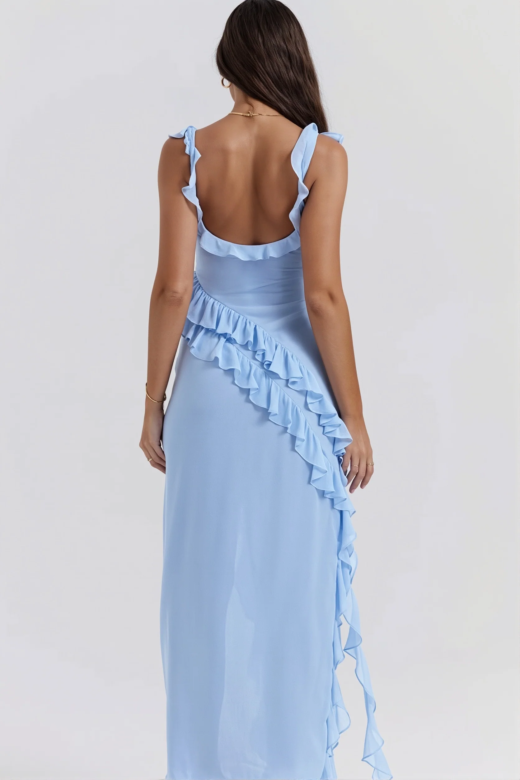 Ribbon Ruffle Splice Slit Maxi Dress