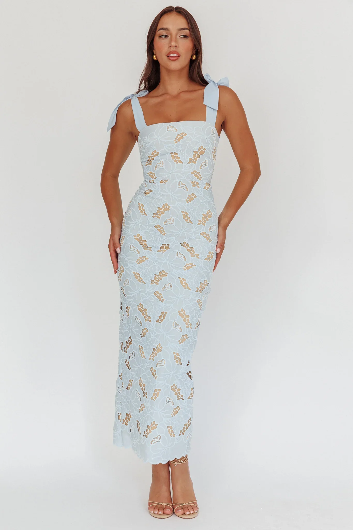 Coastal Bloom Tied Shoulder Maxi Dress Embroidered Baby Blue